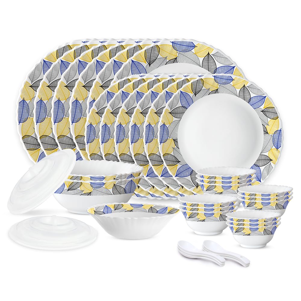 Larah by Borosil Silk Series Kora Opalware Dinner Set | 35 Pieces for Family of 6 | Microwave & Dishwasher Safe | Bone-Ash Free | Crockery Set for Dining & Gifting | Plates & Bowls | Leaf Pattern (B0D8J7LB75) Amazon Price History, Amazon Price Tracker