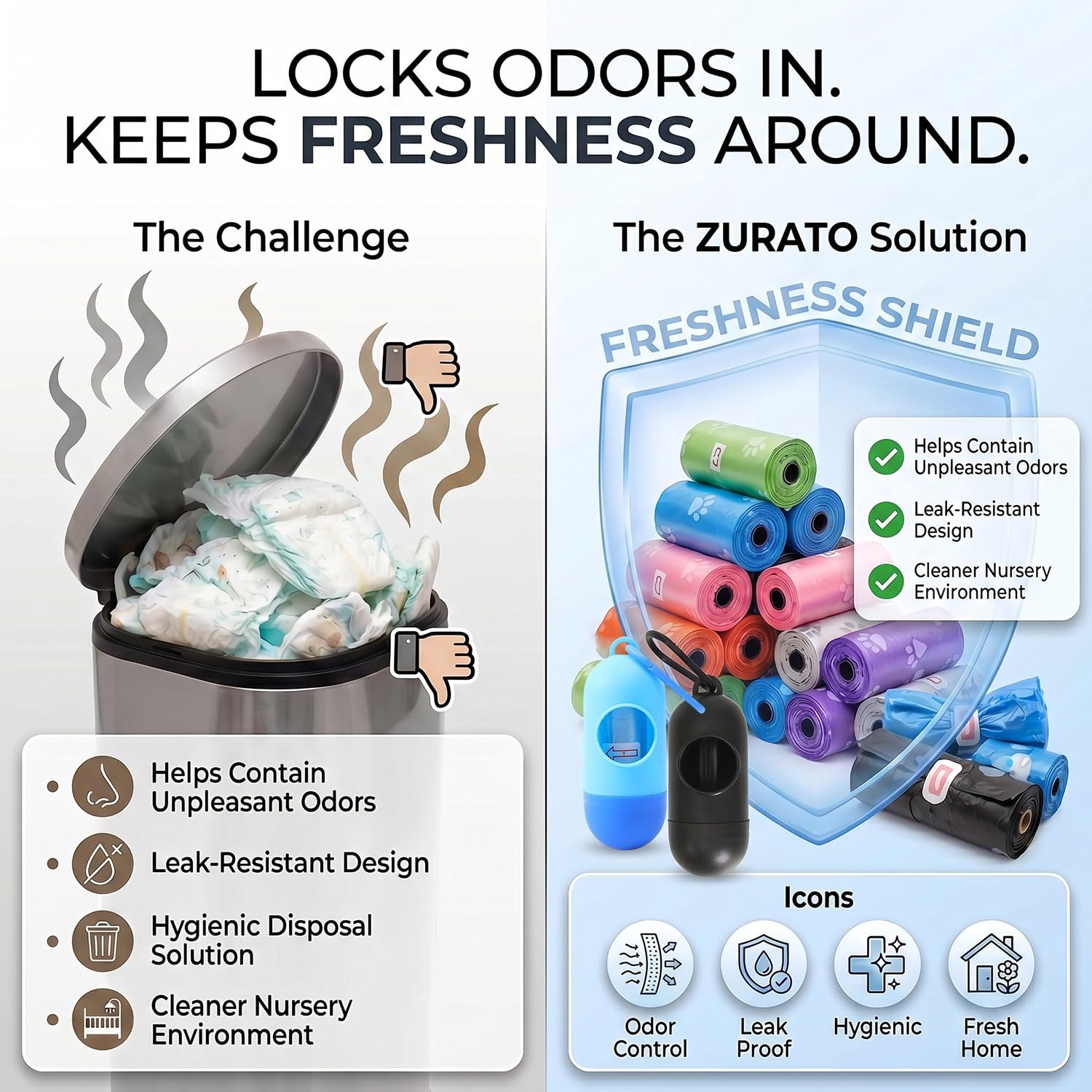 ZURATO Baby Diaper Disposable Bags with Dispenser, Waste Bags, Convenient and Quick Diaper Disposal, Unscented Leak & Odors Proof Diaper Trash Bags for Newborn Diapers (12 Roll + 1 Case)