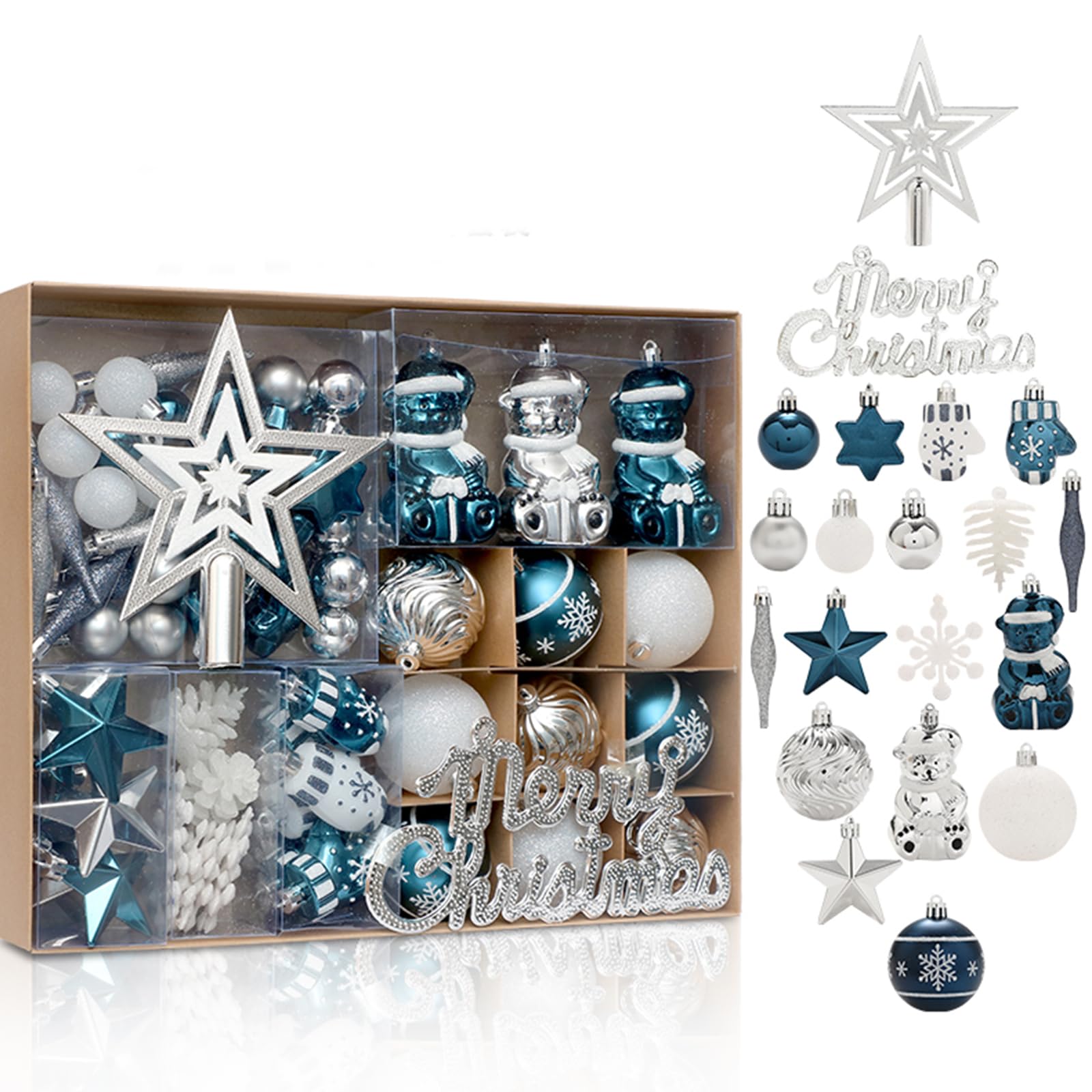 GAOMON 70 ct Weihnachtskugel-Ornamente-Set, 68 Stück, bruchsicher, blau silber, Baumschmuck zum Aufhängen und Frohe Weihnachten-Schild und Baumspitzen, Weihnachten, Innen- und Außenbereich, Party