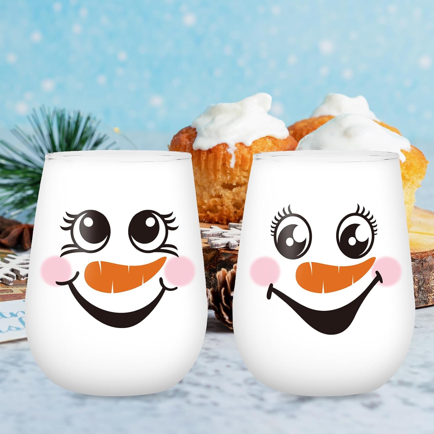Whaline 2Pcs Christmas Winter Stemless Wine Glasses 17oz Cute Snowman Drinking Glasses Funny Tumbler Cups for Party Supplies Gifts - Image 7