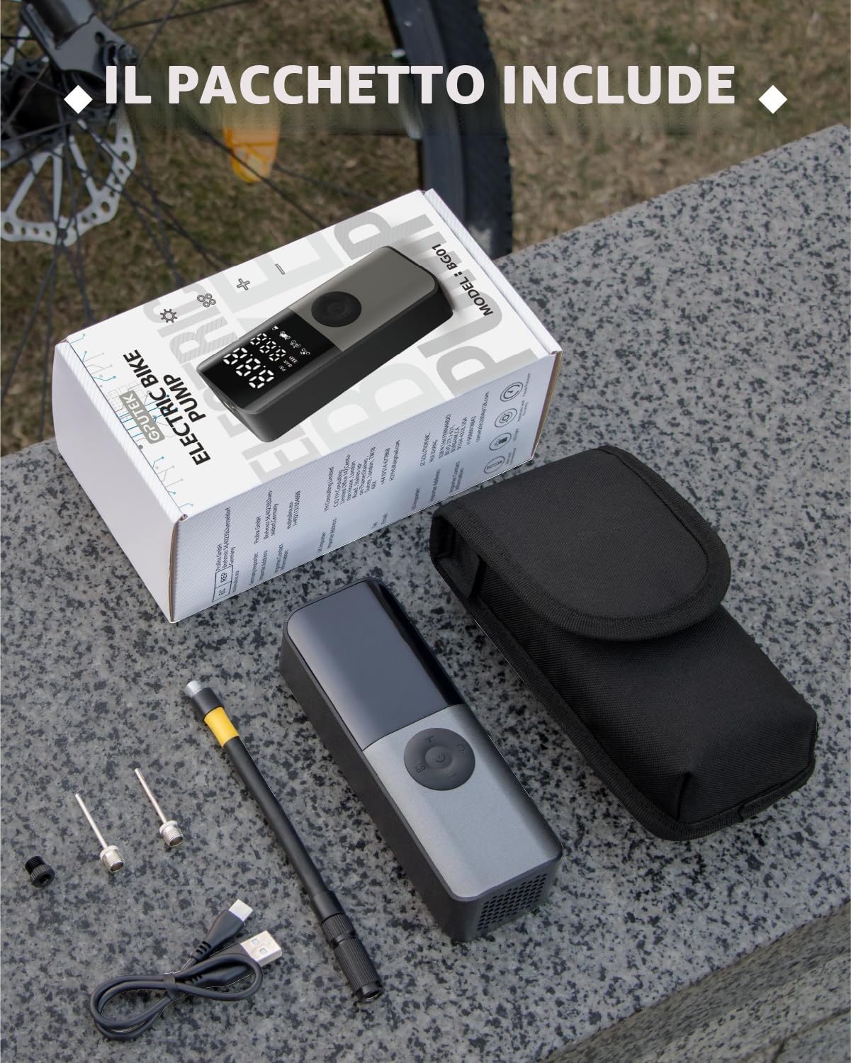 GPUTEK Pompa elettrica per bicicletta, mini pompa ad aria per bicicletta, 150 PSI, con misuratore di pressione digitale, ricaricabile, con accessori per valvole per bici da corsa, mountain bike