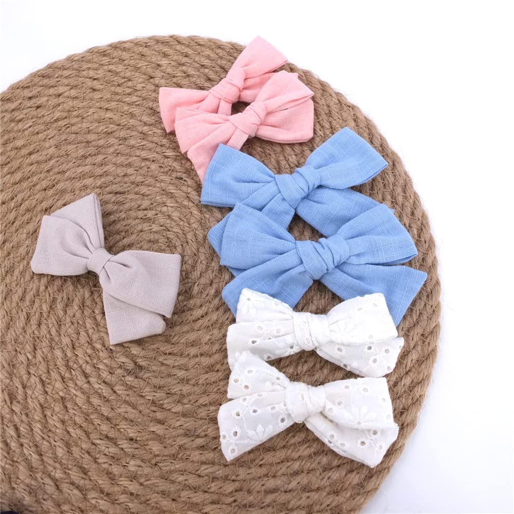 Pack of 12 Assorted Linen Bow Hair Clips for Baby Girls Hair Bows Alligator Clips Accessories Infants Toddler Kids Mom Hairgrips (Blue/White) - Image 2