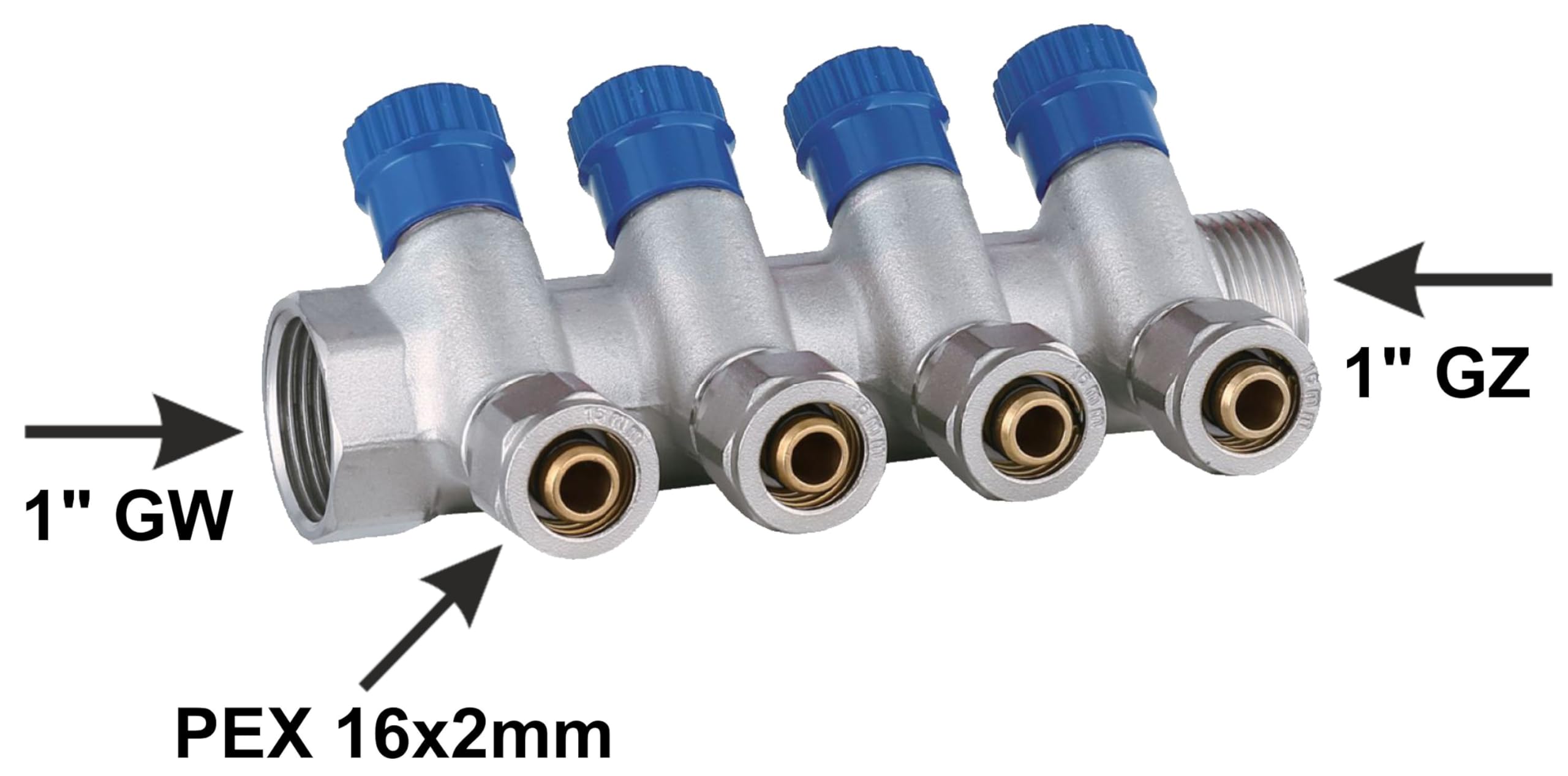 Set Collettore Acqua Riscaldamento PEX 1” x 16 mm Distributore D'Acqua In Ottone Nichelato Con Mini Valvole Integrate Fascio Distributore Blu 4 Circuiti Rosso 4 Circuiti H2541B4R4