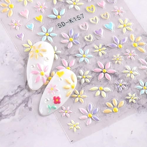 Miniatura 3 de Vezocim Calcomanías de arte de uñas de flores, holográficas 5D en relieve de flores en relieve de corazón, calcomanías autoadhesivas para uñas,