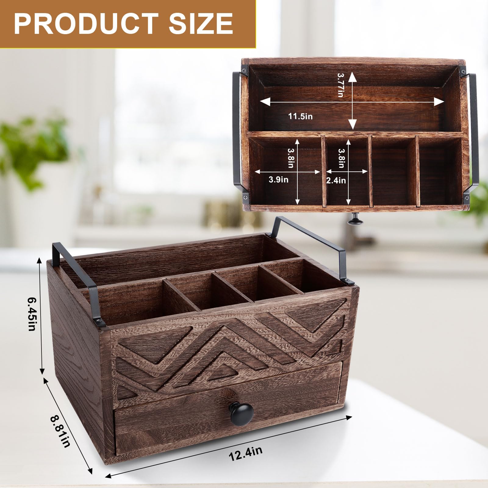 Dispensador de platos de papel con cajón, organizador de encimera de cocina de madera rústica para tazas, cucharas, tenedores, platos, servilletas y cubiertos (marrón)