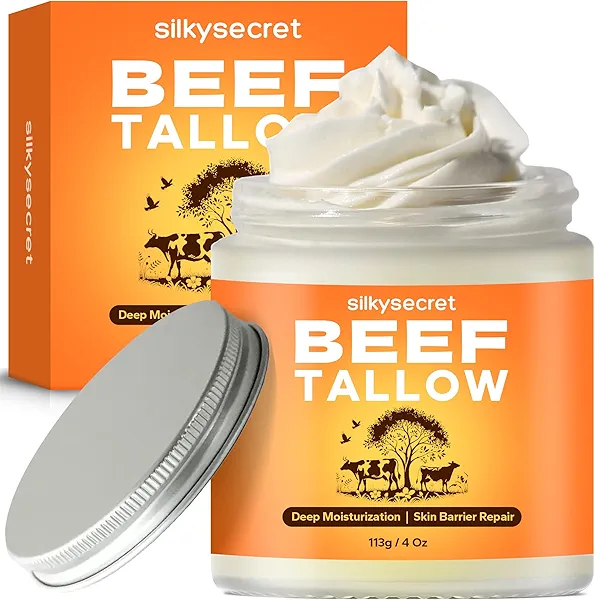 SilkySecret Beef Tallow for Skin (4 Oz), Beef Tallow for Face, Grass-Fed Tallow and Honey Balm, Organic Whipped Tallow Balm for Skin Care, Beef Tallow Moisturizer for All Skin Types (Unscented)
