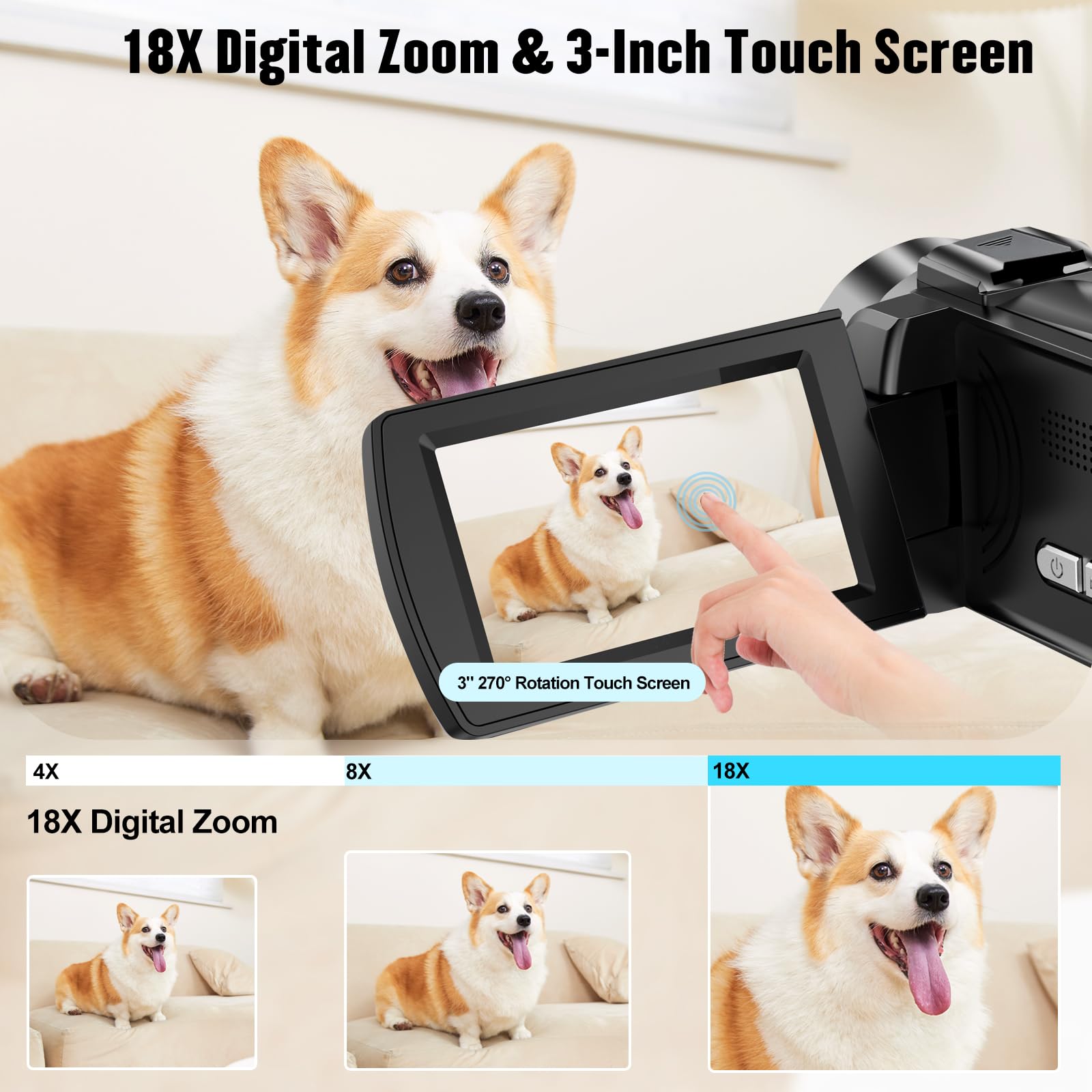 Videocamera 4K 48MP HD Videocamera Registratore, 18X Digital Zoo 3 pollici Touch Screen Vlogging Camera per YouTube con microfono, stabilizzatore, paraluce, telecomando e 2 batterie