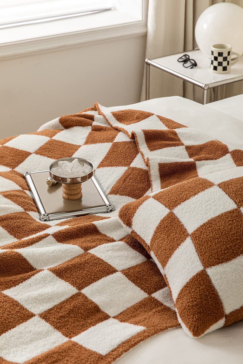 REPRECONF Coperta in morbida microfibra a scacchi, super morbida, morbida, leggera, in pile, per divano, letto, viaggi, campeggio, ufficio, 134,6 x 177,8 cm (plaid kaki