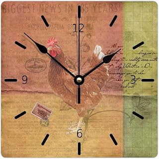 12 Inch Wooden Wall Clock Farmhouse Farm Rooster and Chicken Silent Quiet Wall Clock Aesthetic Decorative Wood Clock Wall Decorations for School Study Living Room Decorations