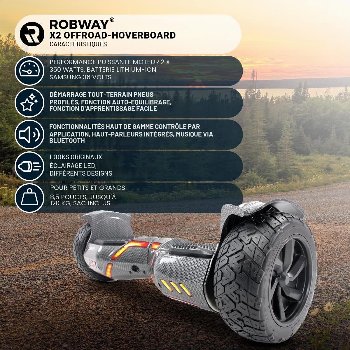 Robway X2 Hoverboard - L'original - Édition Offroad - Batterie de Marque - Équilibre Automatique - Haut-Parleur Bluetooth - Moteur de 700 Watts - App - LEDs