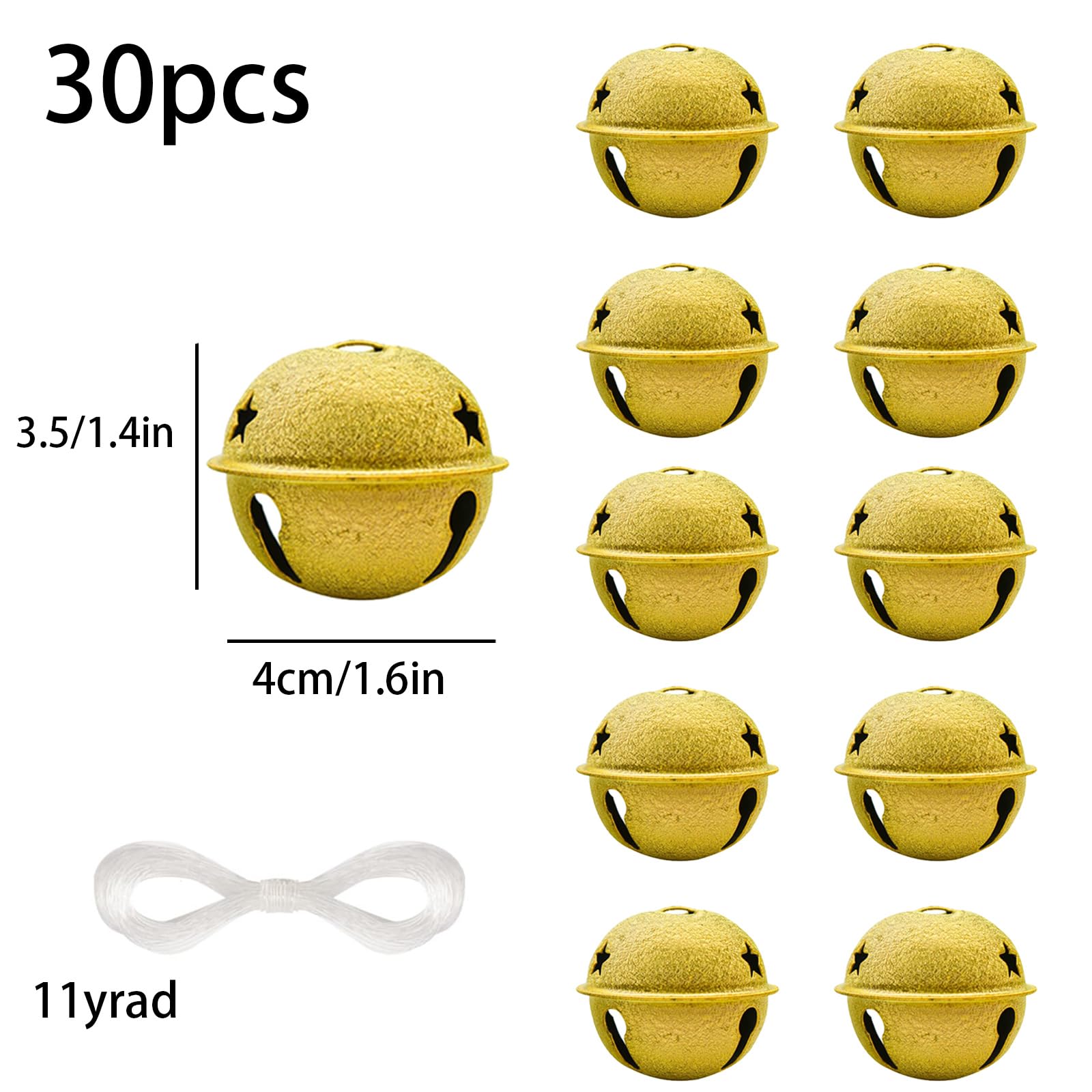 30PCS Jingle Bells 1.6 Inch Star Design Christmas Bells for Tree Wreath Ornaments Holiday DIY Decorations (Gold)