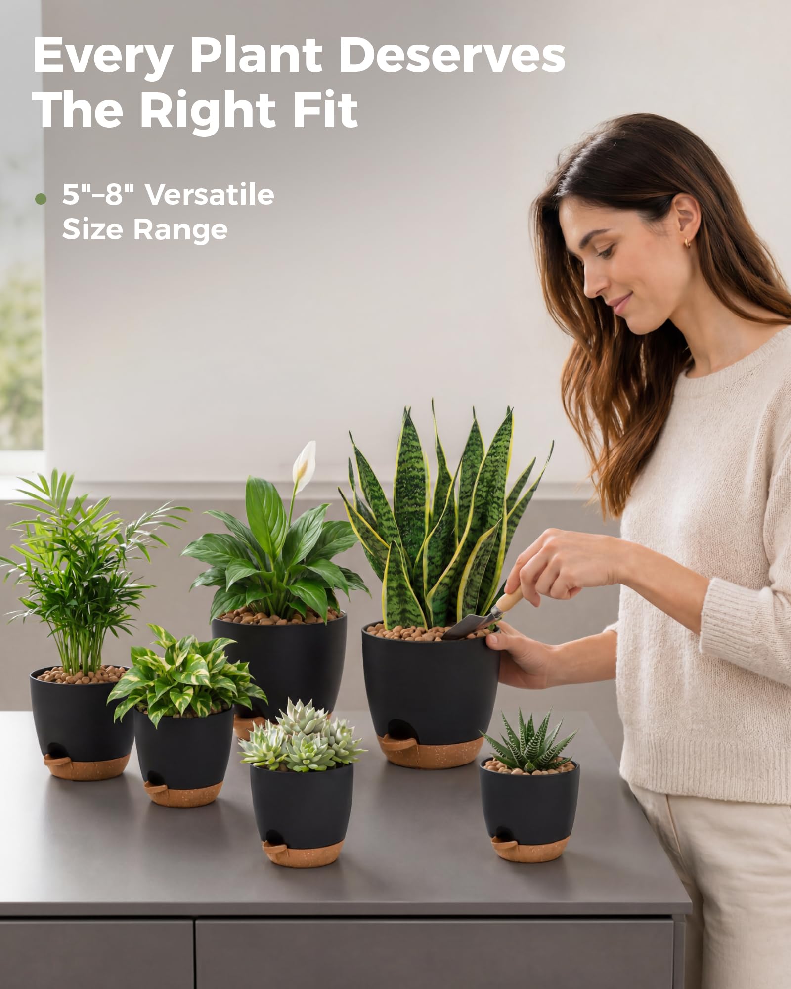 Bamworld Pot de Plantes d'Intérieur avec Drainage 6 Pcs Pots en Plastique Auto-irrigants 12.7cm/14cm/15.2cm/16.5cm/17.8cm/20.3cm pour Plantes d'Intérieur, Fleurs, Cactus