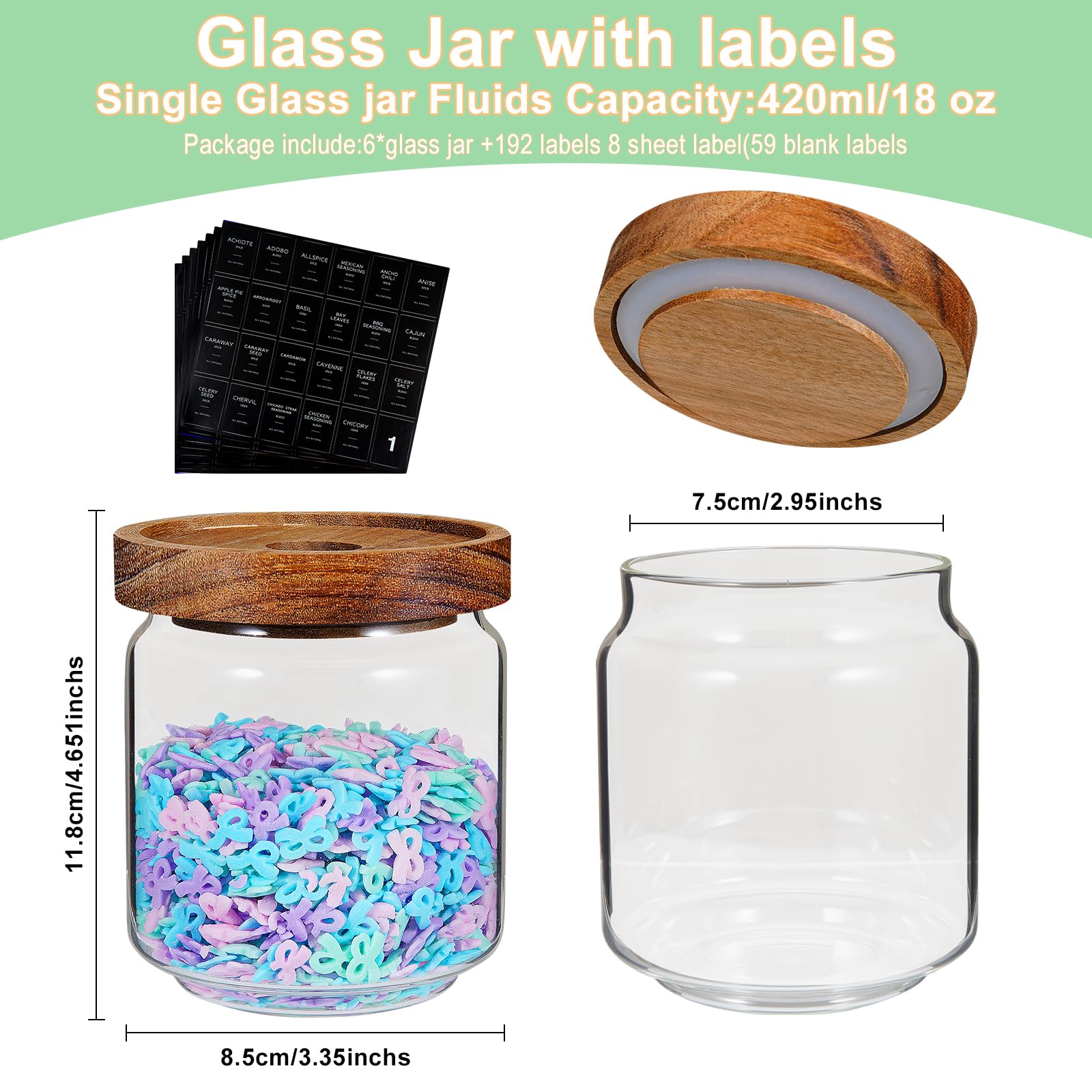 Kleine Glasdosen mit Etiketten, Gewürzdose, rund, mit Holzdeckel, klares Glas, Lebensmittelglas für Speisekammer, Zucker, Tee, Kaffee, Bohnen, Gewürze, Nüsse, Kekse, Badesalz (6 x 420 ml)