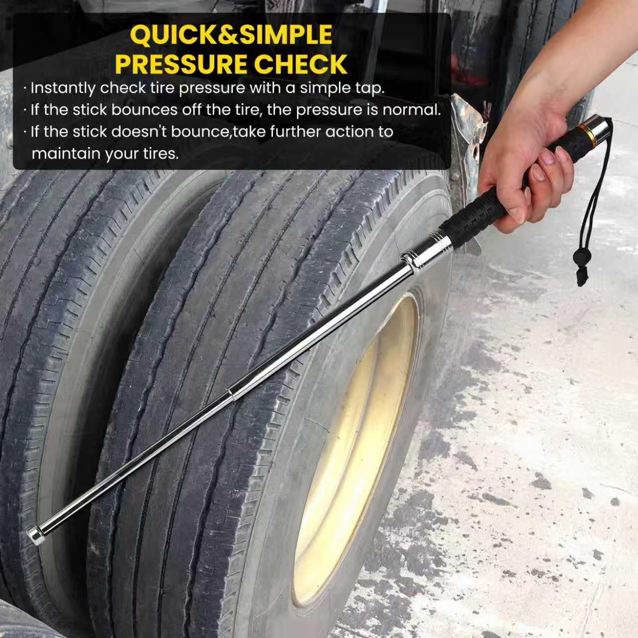 26-Inch Heavy-Duty Tire Thumper – Black Stainless Steel Baton with Ribbed Handle and Wrist Lanyard – Truck Tire Pressure Checker, Glass Breaker, Self-Defense, and Utility Tool — view 4