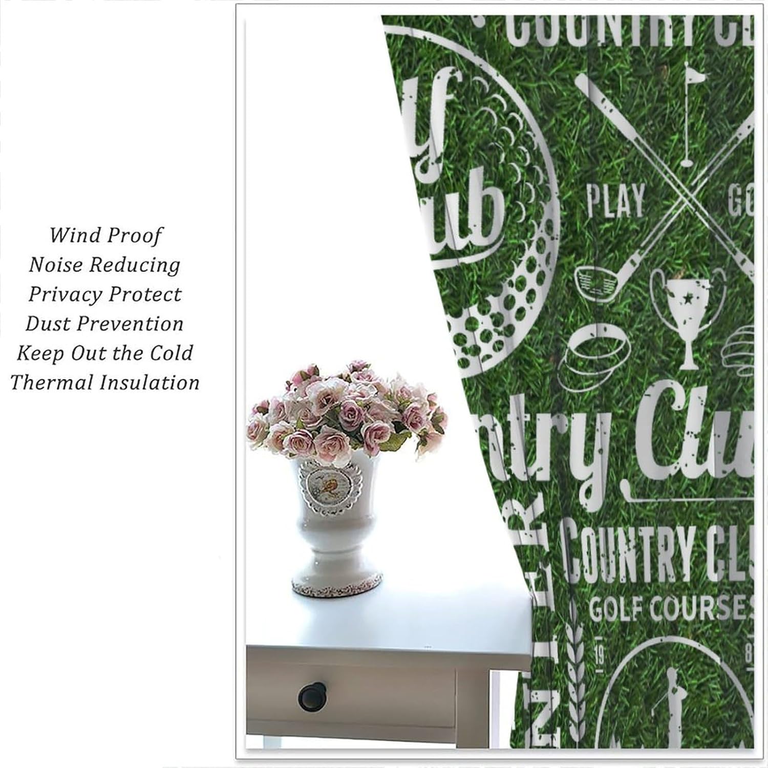 Golf Theme Blackout Curtain,Green Grass Style Print Curtain for Home Kitchen Restaurant Decoration Window Curtain 2Panel 42" W X 45" L