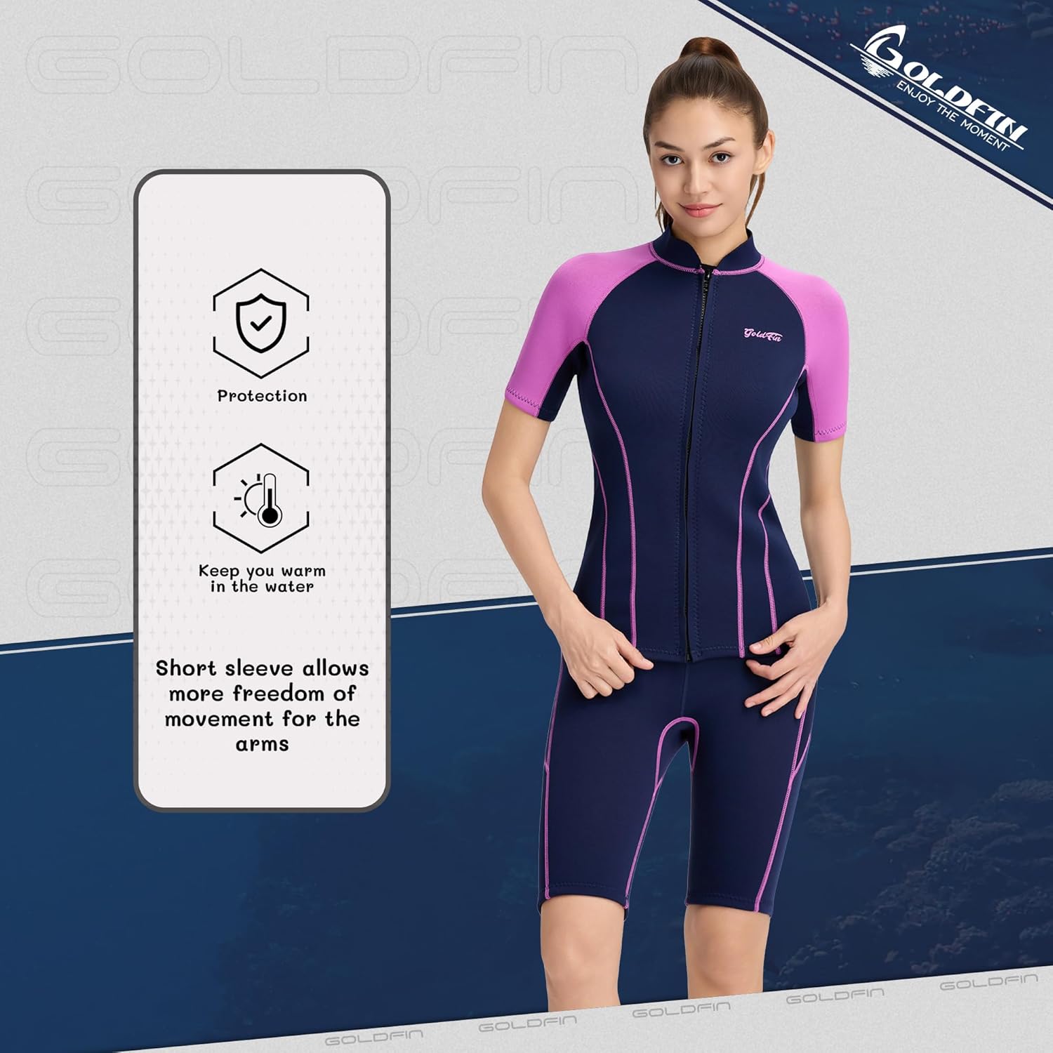 GoldFin Women Wetsuit Top, Womens Short Sleeve Wet Suit Jacket Neoprene Front Zip 2mm Swim Jackets Scuba Swimming Diving Snorkeling Water Aerobics - Image 2