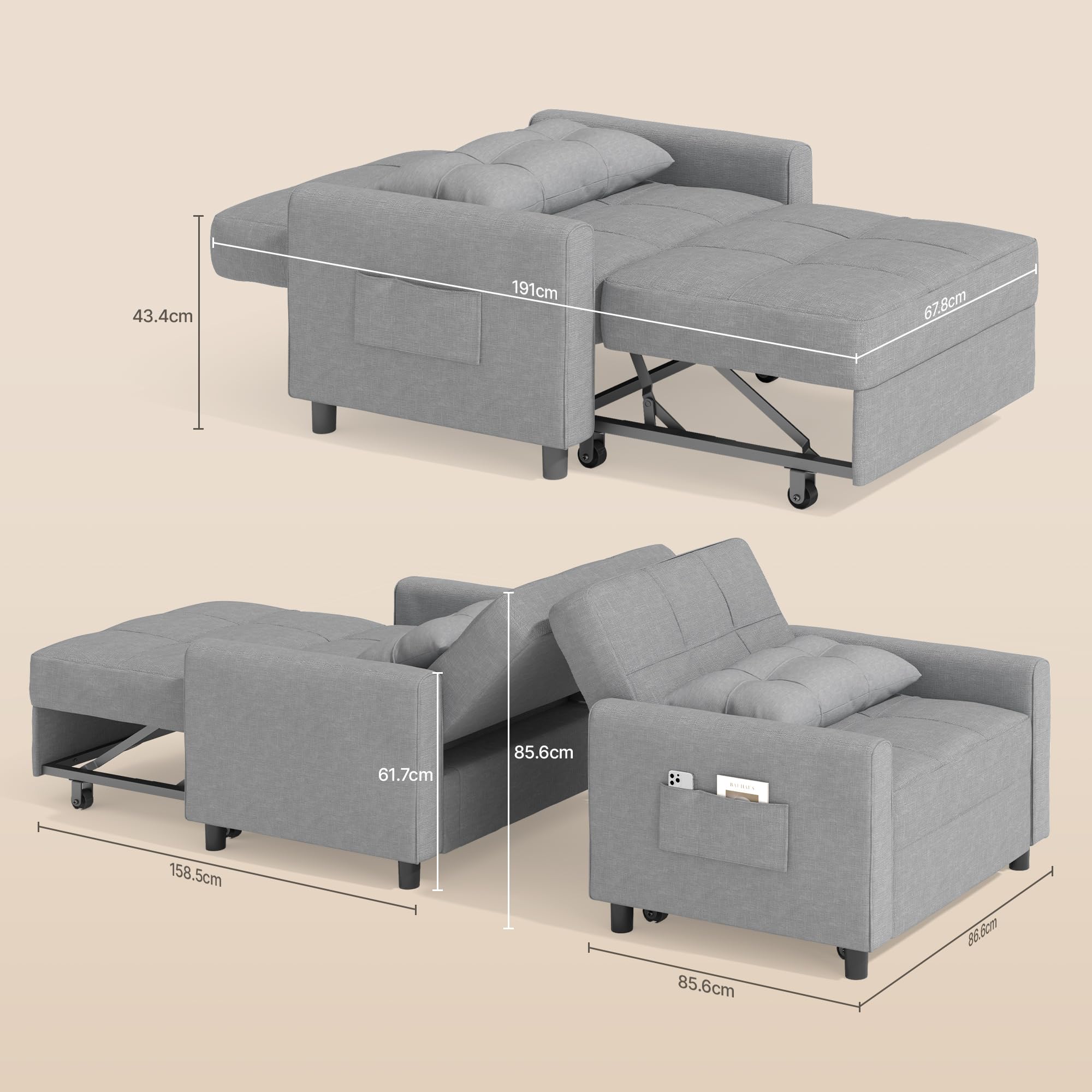 Bealife Fotel Relaksacyjny z Regulowanym Oparciem, Składana Sofa do Spania, Fotel do Salonu, Sypialni