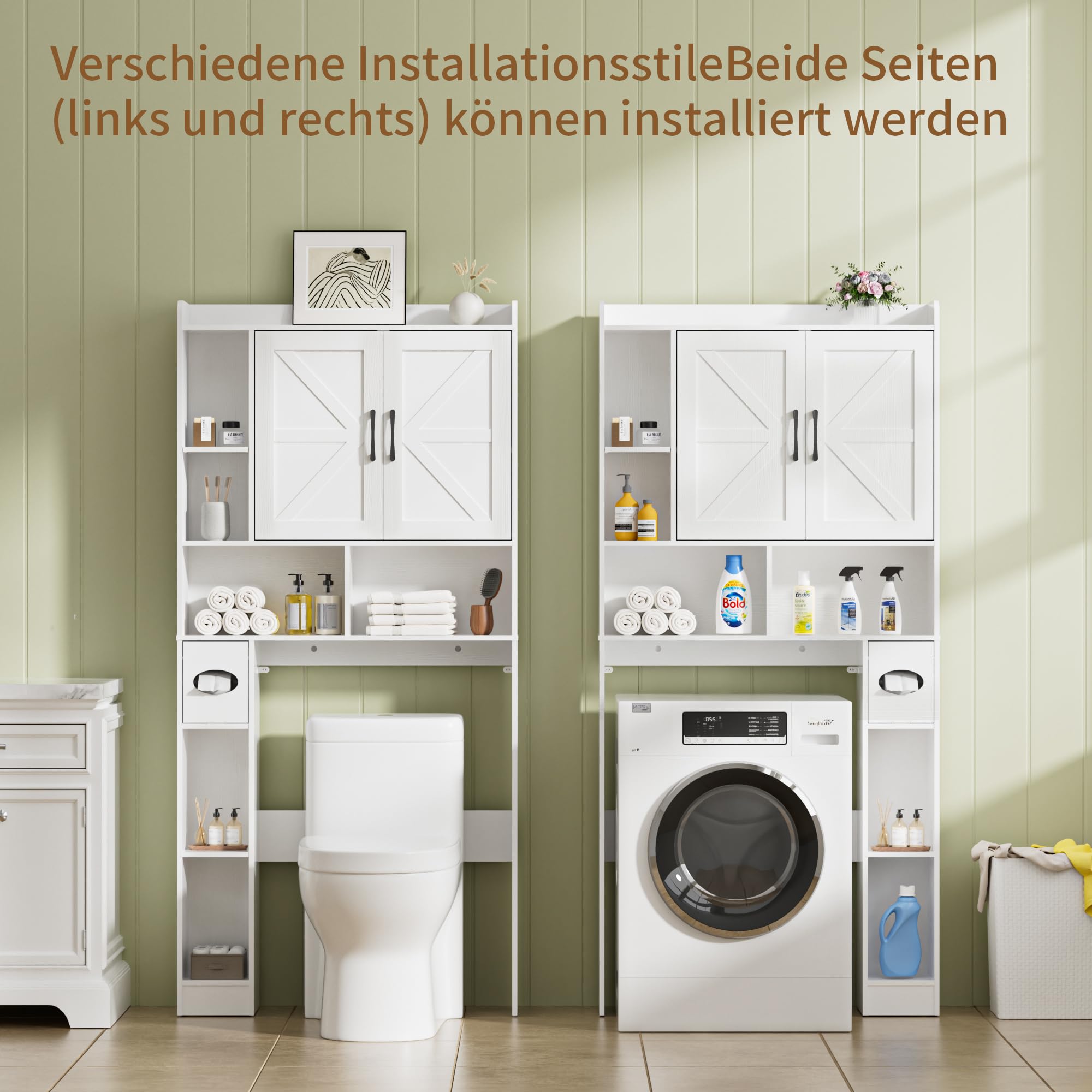 BonVache Waschmaschinenschrank mit 2 Türen, Verstellbare Ablagen, Waschmaschinenregal mit Seitenfach für Papierhandtuch und 6 offene Fächer, für Badezimmer, Toilette und Waschküche, Weiß
