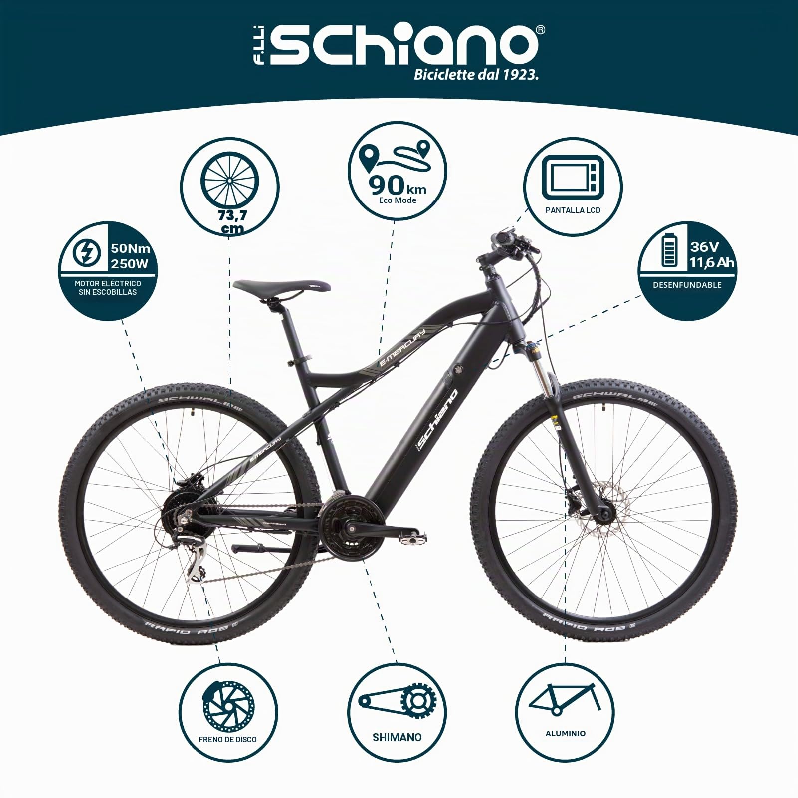 F.lli Schiano E-Mercury, Bicicleta Electrica MTB, 29", Batería 36V 11.6Ah Extraíble, Motor 250W 50Nm, Bici Electrica de Montaña, Unisex Adulto