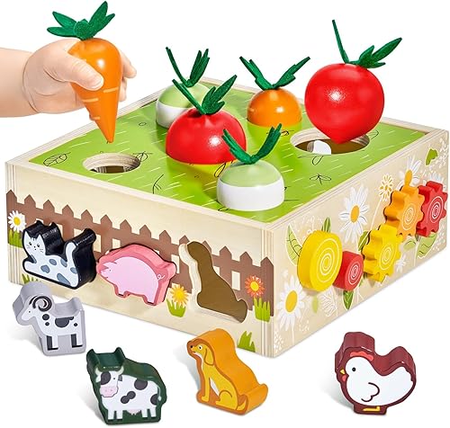 Montessori - Juguetes de madera para bebés de 1, 2 y 3 años, habilidades motoras finas, juguetes de animales de granja, engranajes, laberinto y