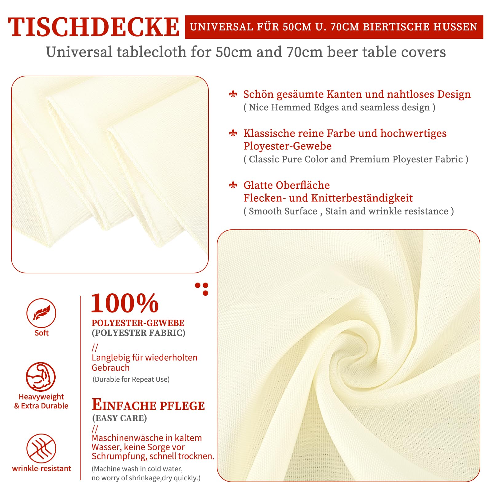 Showgeous Tovaglie da Birra Universali da 10 Pezzi per Tavolo da Birra da 50 cm e 70 cm, Tovaglie Rettangolari Lavabili 100x250 cm (Avorio)