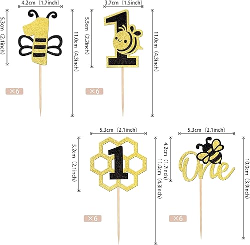 Miniatura 2 de 24 piezas de decoración para cupcakes con purpurina negra y dorada número 1 para cupcakes de abeja, decoración de pastel de primer cumpleaños para