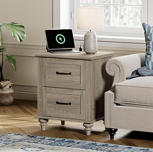 Miniatura 37 de WAMPAT Mesita de noche con estación de carga, mesa auxiliar de granja para sala de estar con 2 cajones, mesita de noche de madera natural para