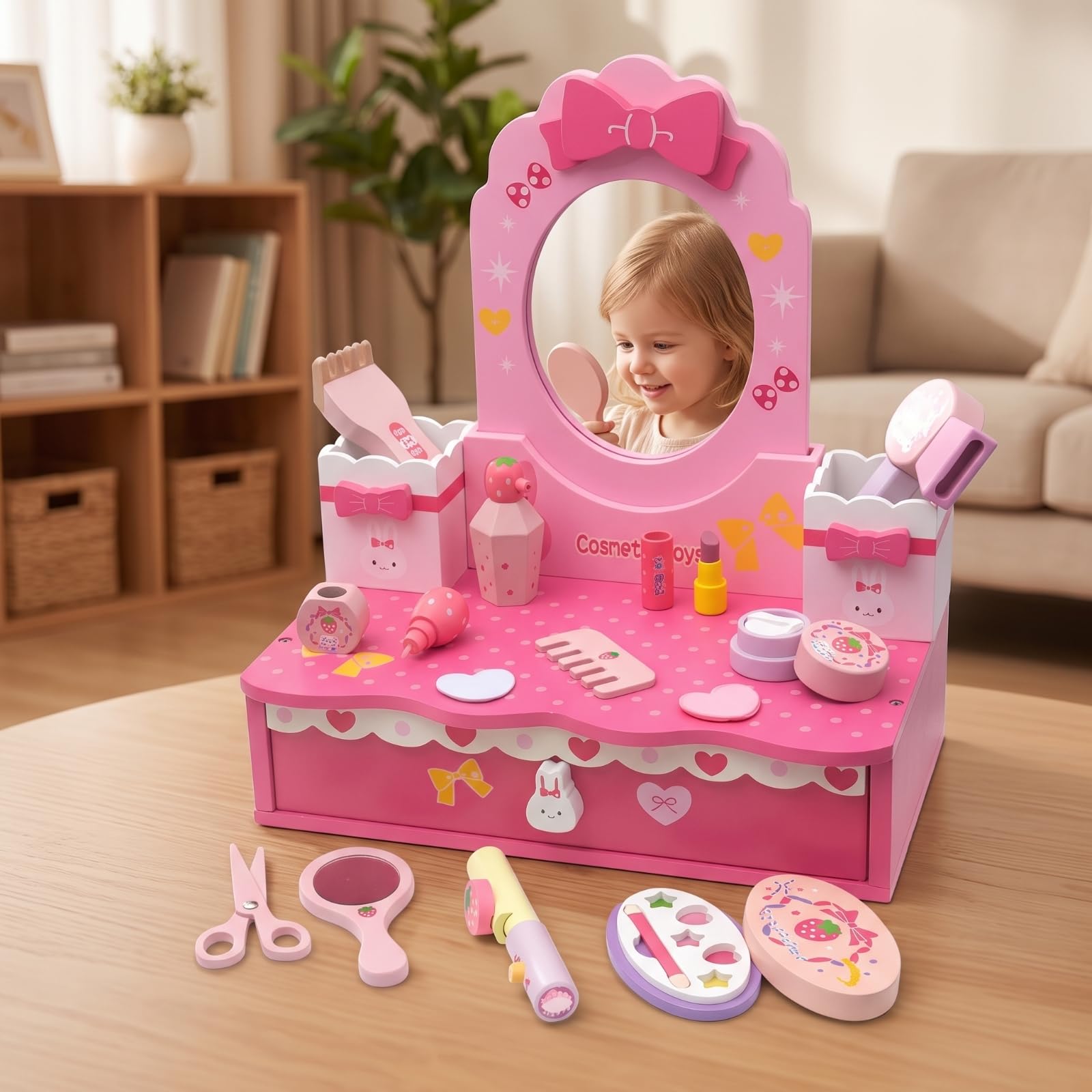 MagiDeal Tocador de Juguete con Espejo y Cajones para Niñas Pequeñas Madera Estable Diseño Clásico Compartimentos Juego de Maquillaje Fomenta
