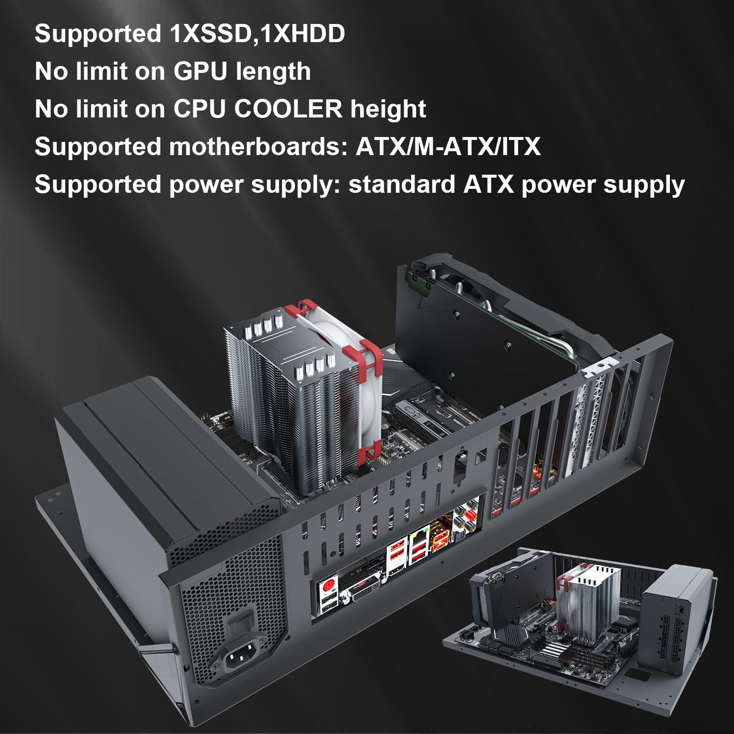 Funda para computadora de juegos, ATX con chasis abierto para placas base ATX/M-ATX/ITX, diseño de disipación de calor corporal amplia, banco de pruebas, torre media ATX, funda matx, funda itx, banco