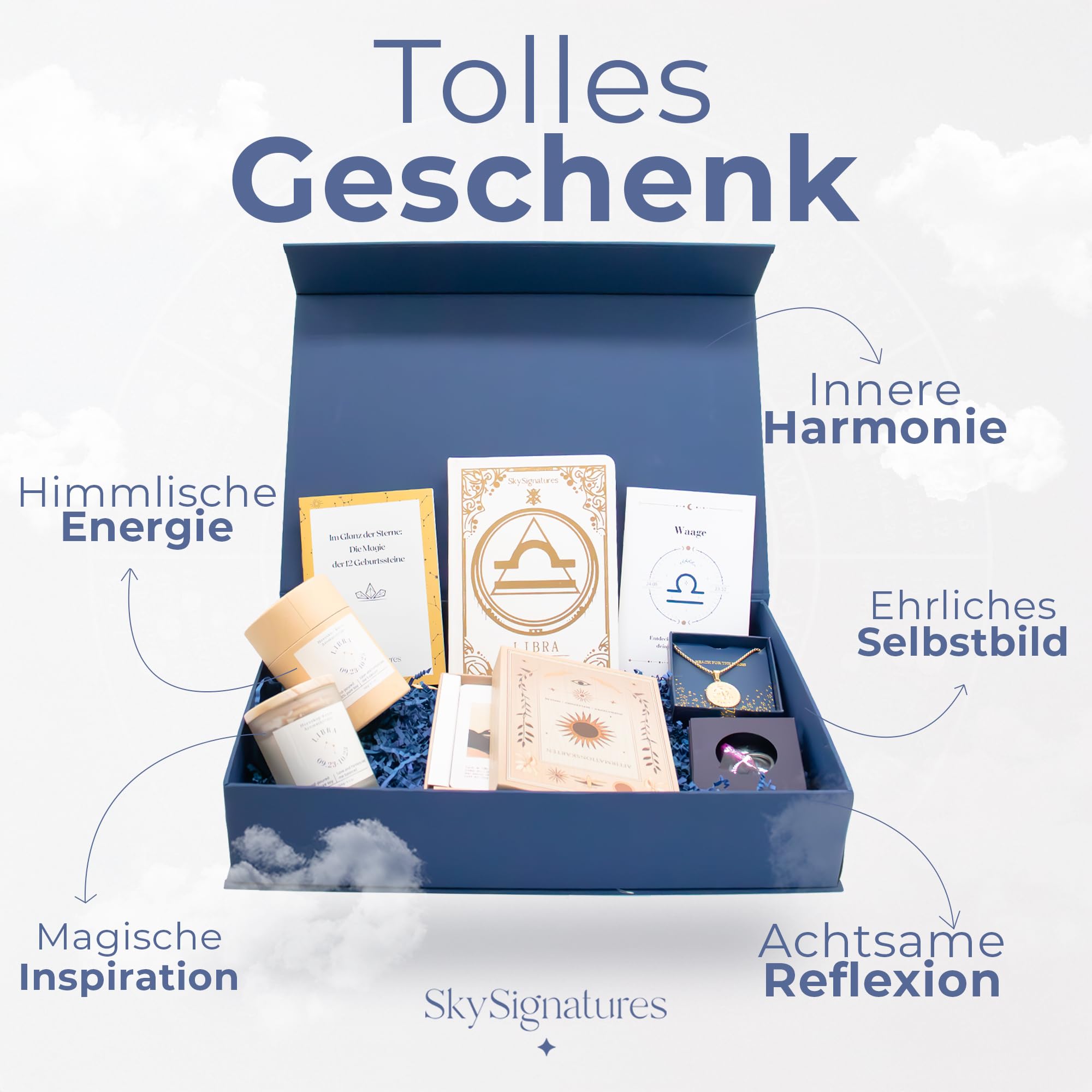 Krebs Sternzeichen Geschenkset– Luxuriöse Astrologie-Box mit Duftkerze, Journal, Geburtsstein-Anhänger, Affirmationskarten Sternzeichen-Kette Mediation, Selbsterkenntnis, für Frauen