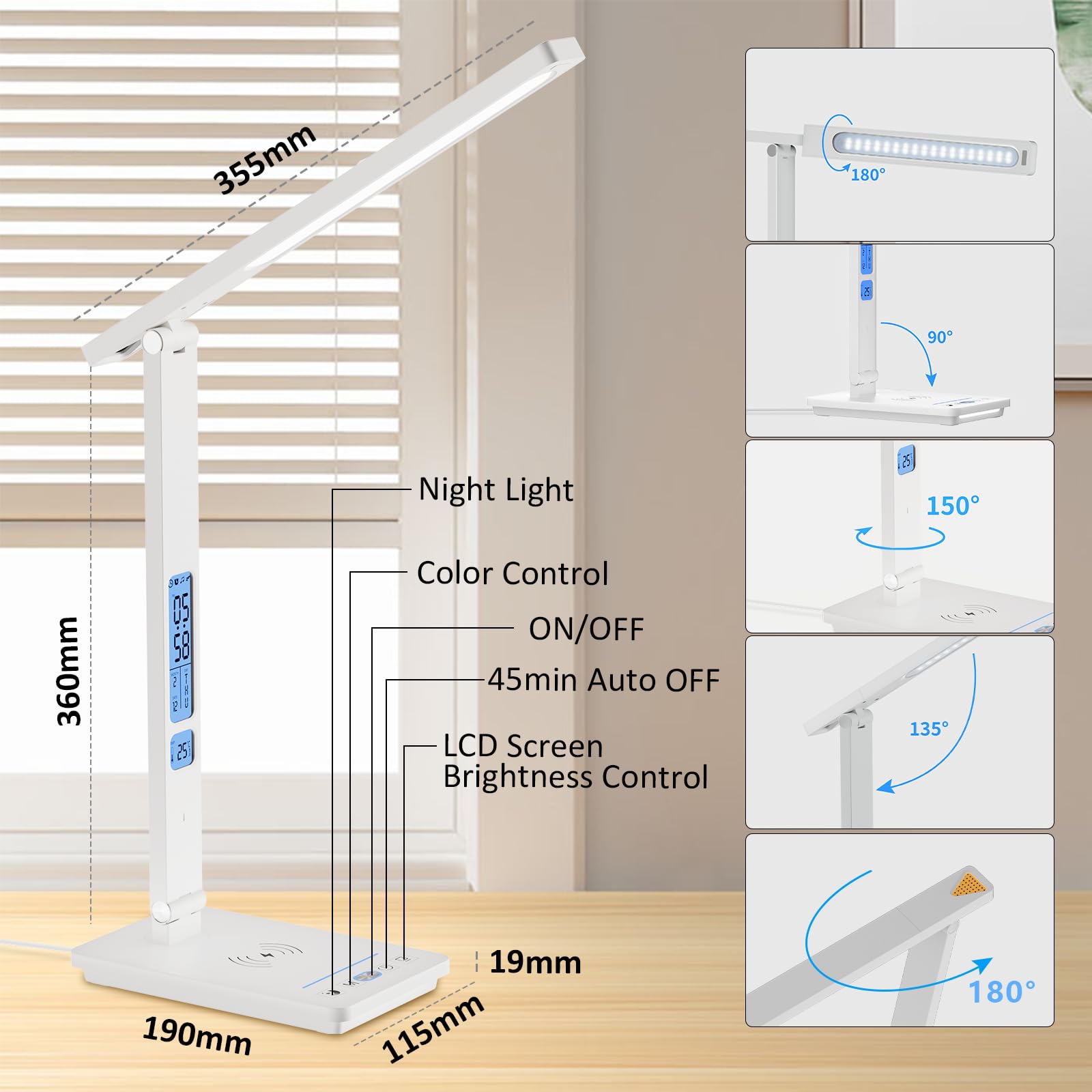 Lampada da Scrivania LED Tavolo Touch Control 3 Modalità 5 Livelli Luminosità Wireless USB Ricaricabile Telefono Luce Lettura Cameretta Ufficio LCD Calendario Temperatura Sveglia (5 Colore Bianca)