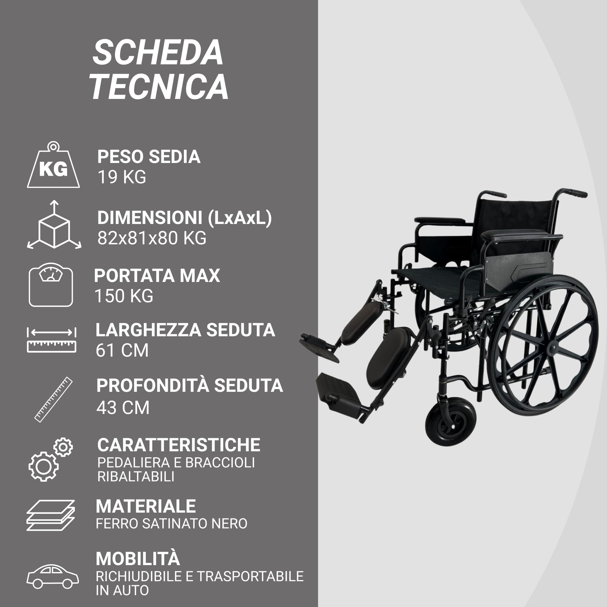 Sedia a Rotelle Oversize Bariatrica Carrozzina per Disabili Extra Large, Larghezza Seduta 61cm, Telaio Rinforzato a Doppia Crociera, Portata Fino a 150kg, Robusta e Professionale, Antiribaltamento