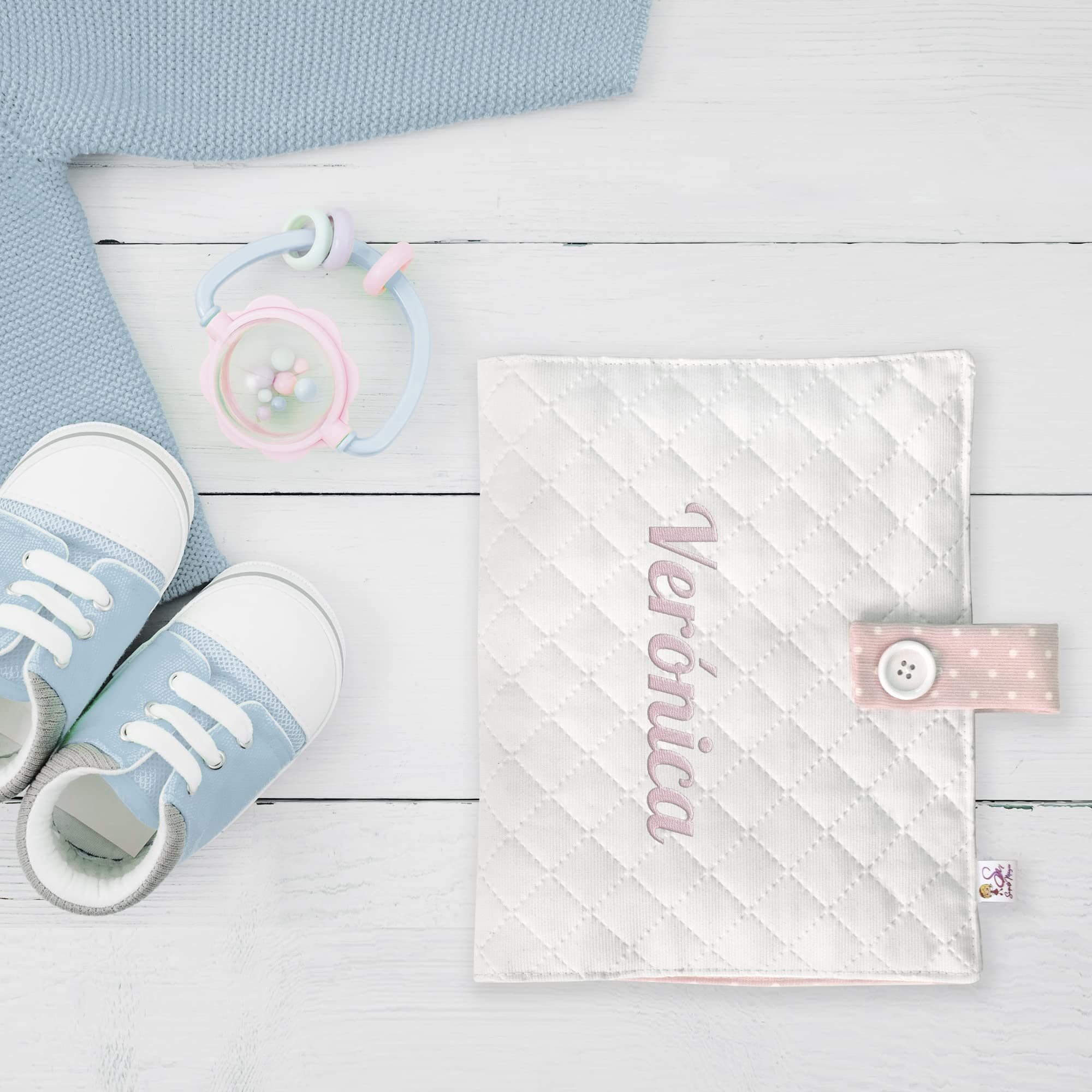 Portapañales para bebe Personalizado con Nombre Bordado (Topitos blanco-rosa)