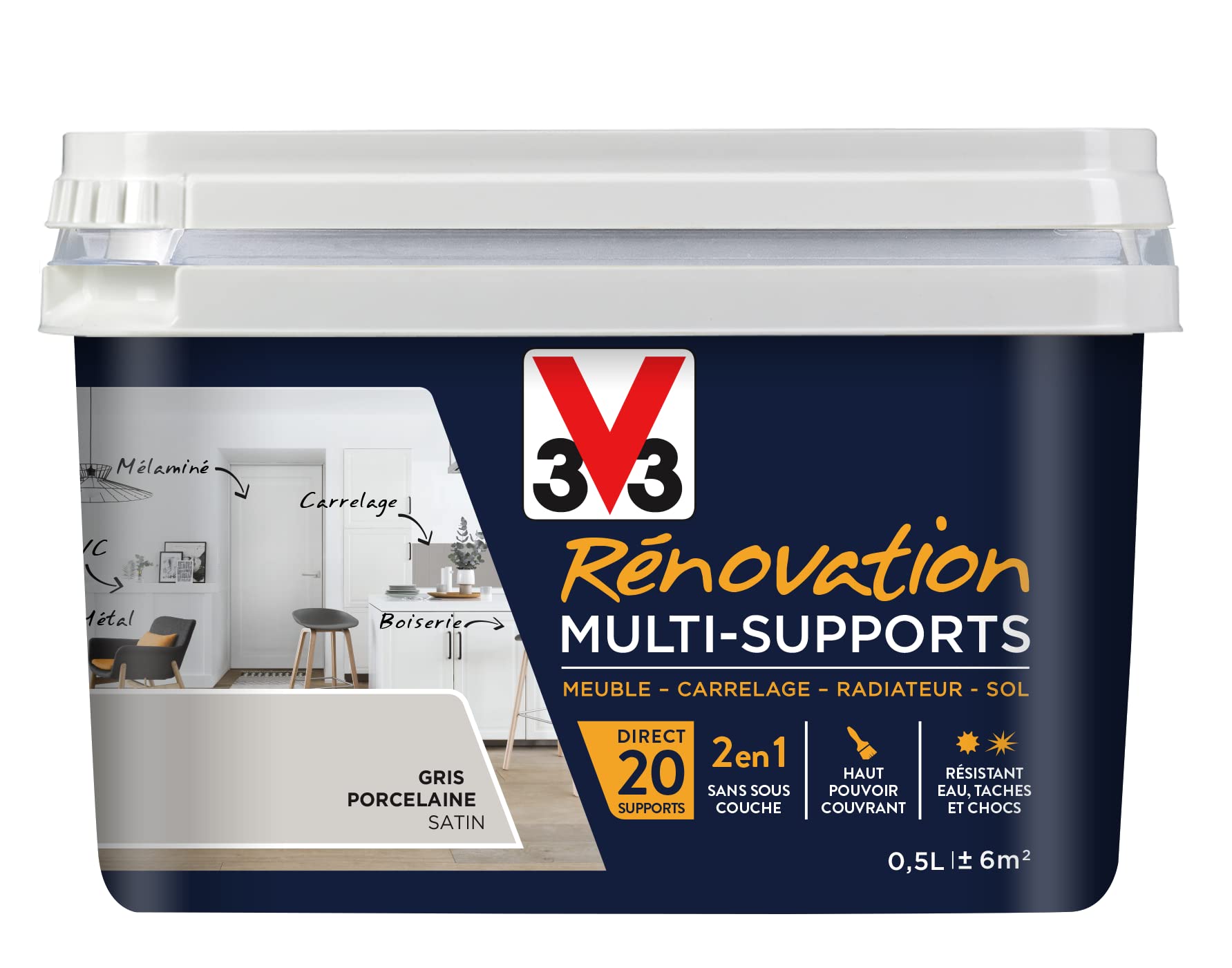 V33 Peinture rénovation multi-​supports, Gris porcelaine satin 0,​5L