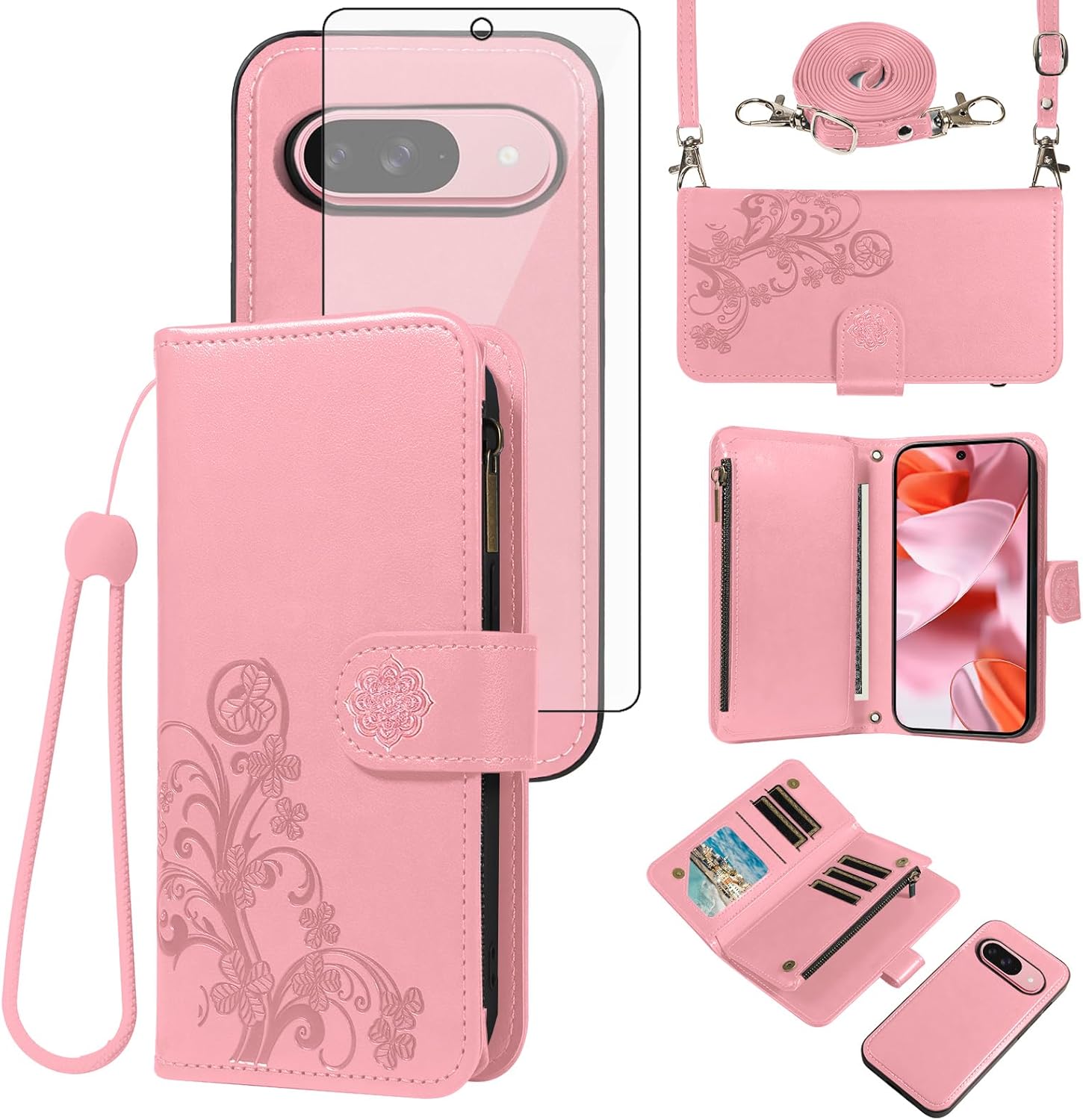 Asuwish Phone Case for Google Pixel 9/9 Pro 5G Zipper Wallet Magnetic Detachable Cell Cover with Tempered Glass Screen Protector Crossbody Lanyard Strap Flower Card Holder Pixel9 9Pro Nine Women Blue