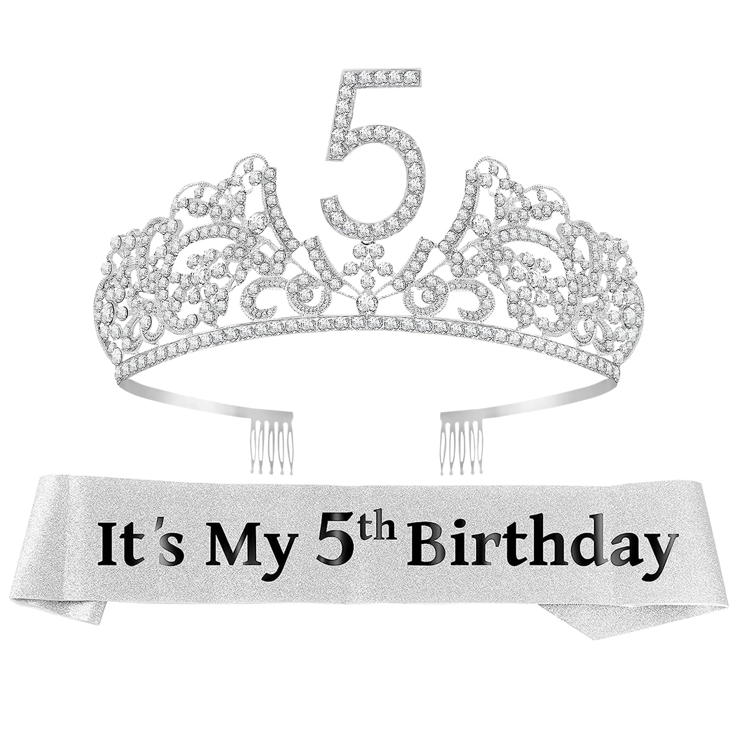 VeryMerryMakering 5th Birthday Sash and Tiara for Girls - Fabulous Glitter Sash + Flowers Rhinestone Silver Premium Metal Tiara for Girls, 5th Birthday Gifts for Princess Party