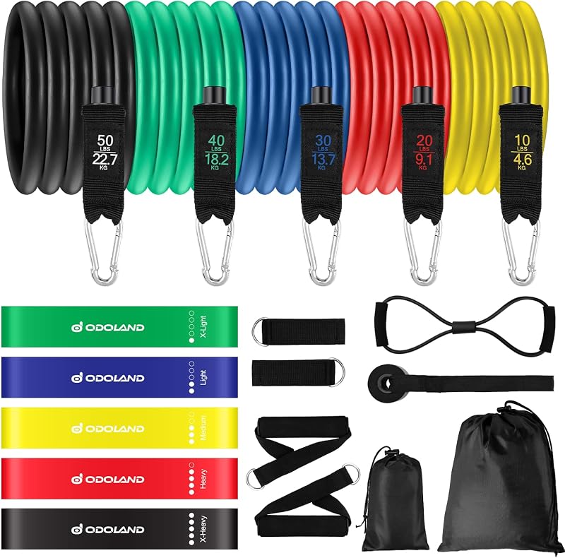 Odoland Resistance Bands Set Workout Bands with 5 Stackable Exercise Bands, 4 Resistance Loop Bands, Door Anchors, Handles and Ankle Straps for Home Fitness, Strength Training