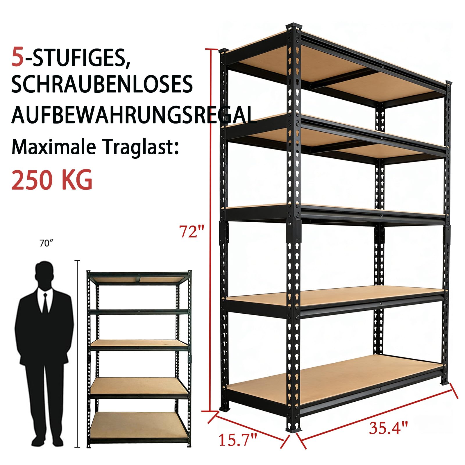 Schwerlastregale, 5 Etagen, verstellbare Lagerregale, Boltless Garagenregal, Lager, Hauswirtschaftsraum, Tragfähigkeit 1000 kg, 40 x 90 x 183 cm, Schwarz