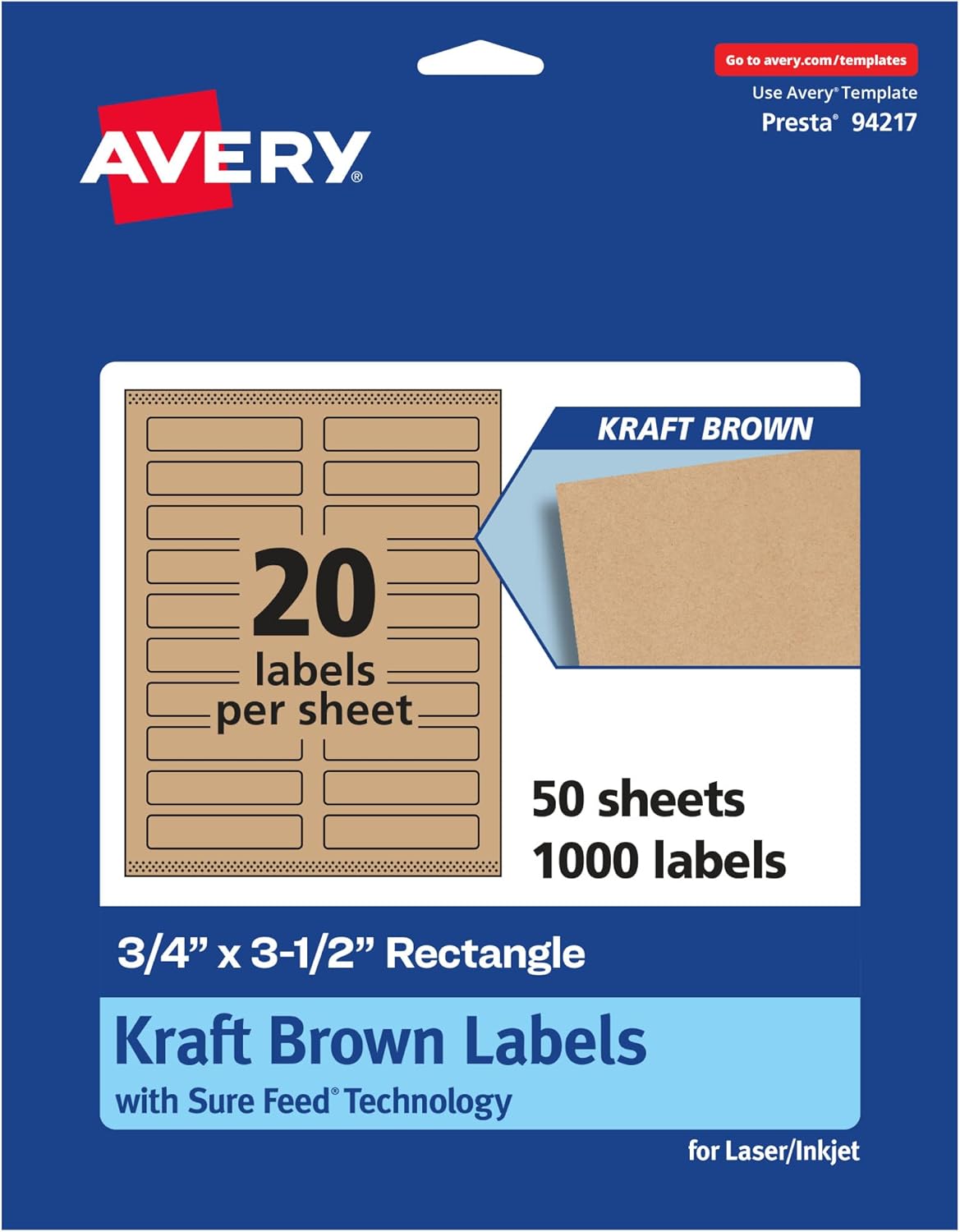 Avery Kraft Brown Rectangle Labels, Sure Feed Technology, 0.75" x 3.5", 1,000 Kraft Brown Labels, Print-to-The-Edge, Laser/Inkjet Printable