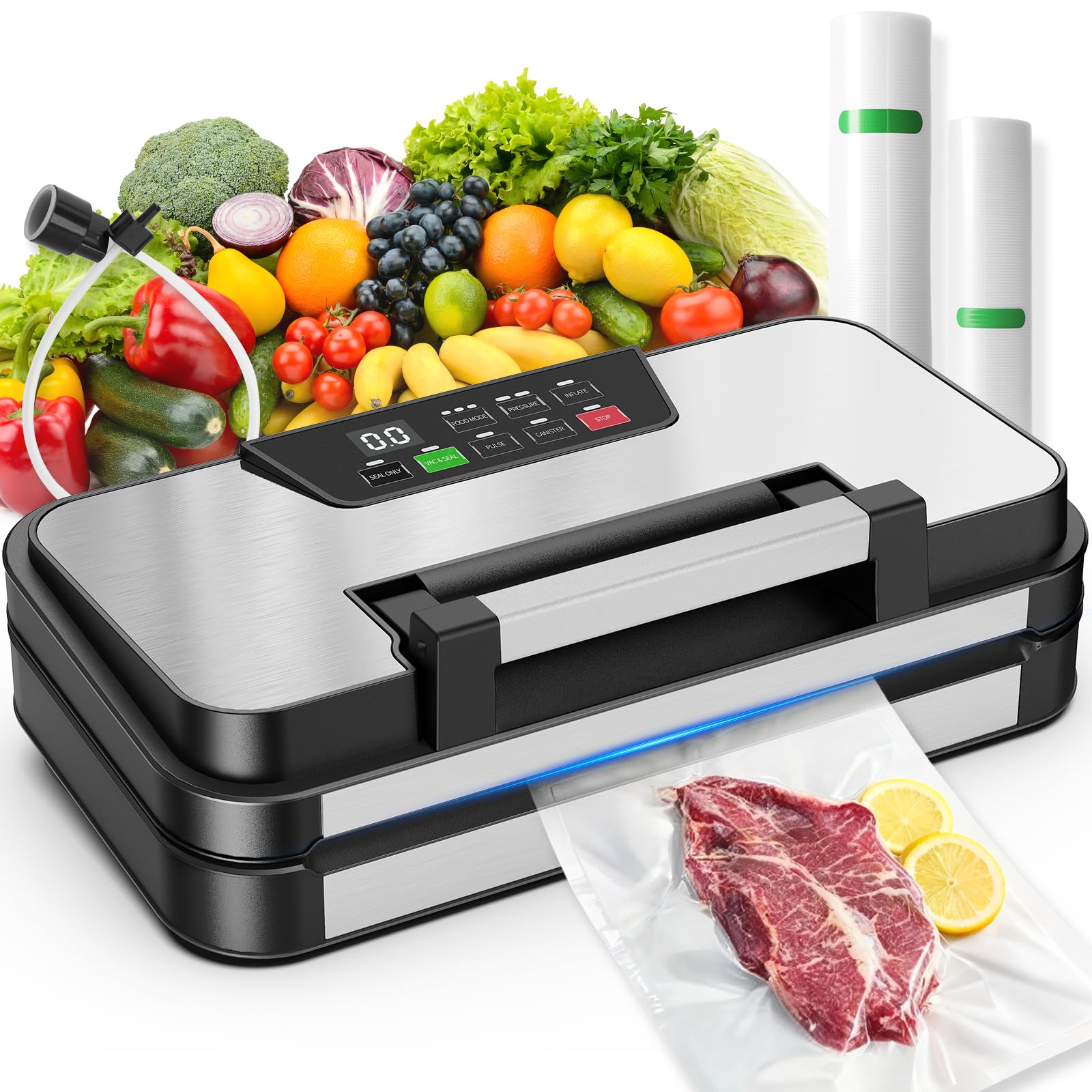 95kPa Vacuum Sealer Machine, Dual Pump, Vacuum & Inflate, Double Heat Seal