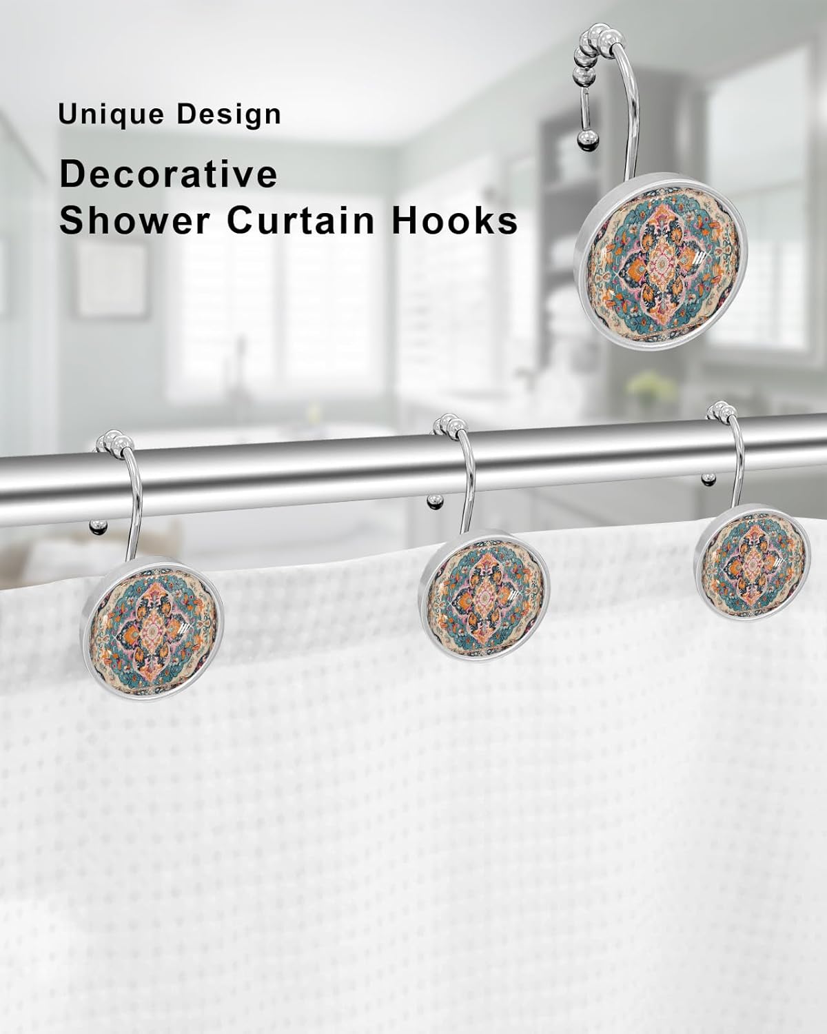 Medieval Shower Curtain Hooks, Turkish Patterns Vintage Wallpaper Mural 12PCS Shower Curtain Hooks Rings for Bathroom Stainless Steel Rust Resistant Shower Curtain Hangers