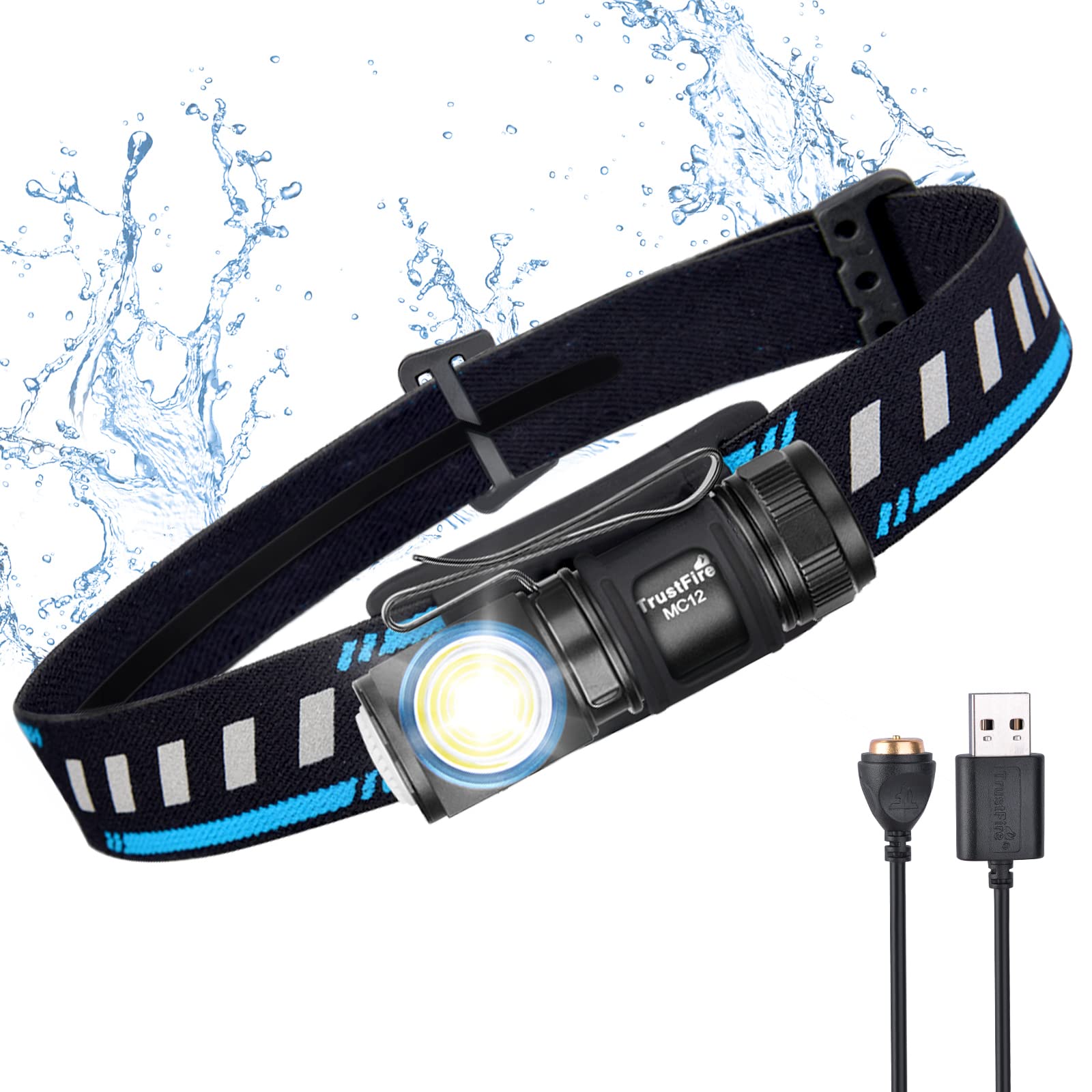 Trustfire Dark Blue Led Head Torch Rechargeable Mc12 Usb Headlamp,1000 Lm Torches Led Super Bright，Adjustable With 5 Modes Headlight With Ipx68 Waterproof For Running Cycling Walking Hiking
