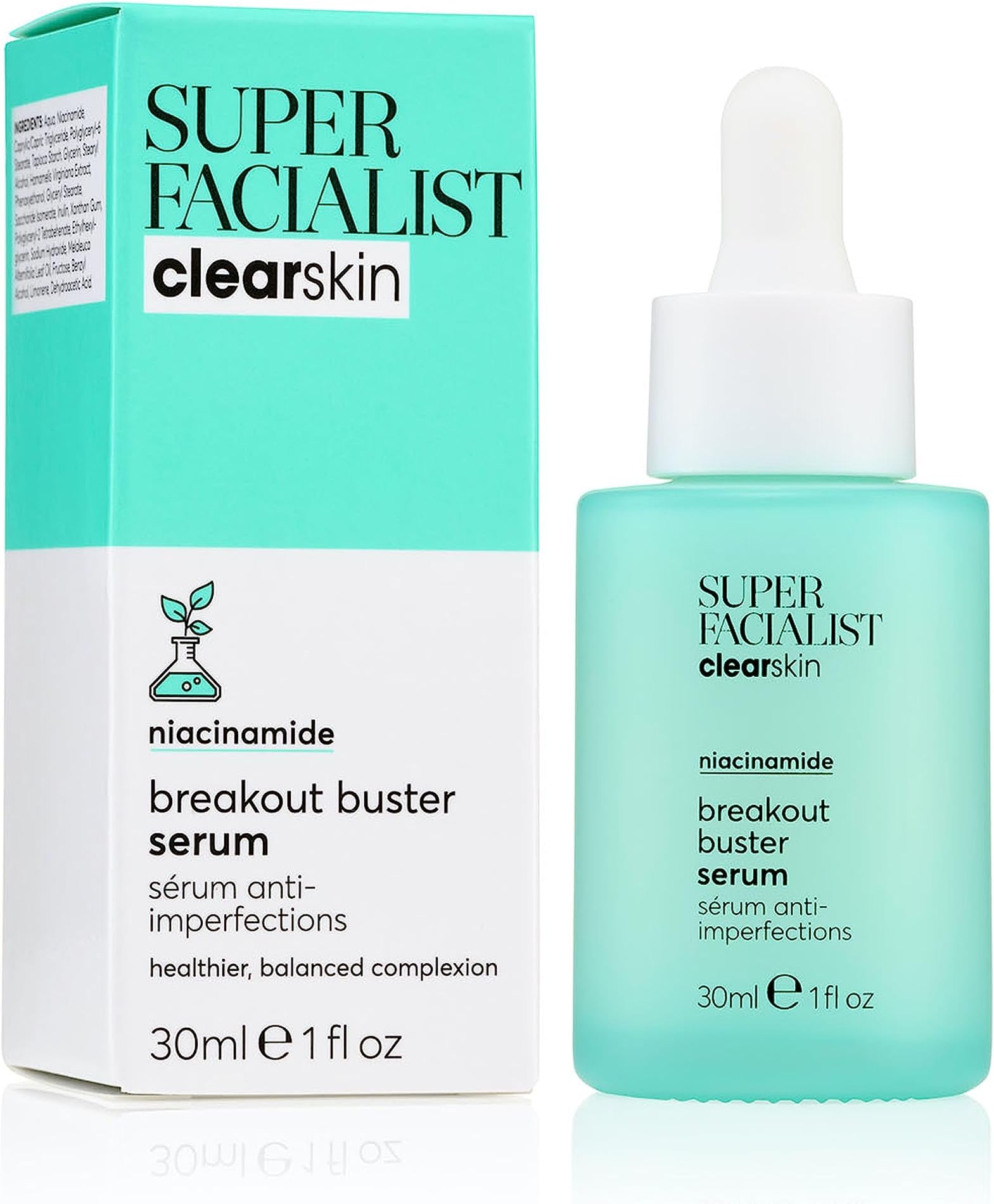 Super Facialist Breakout Buster Serum - Clear Skin Solutions, Spot Treatment for Acne with 10% Niacinamide, Tea Tree Oil & Prebiotics, Vegan Friendly 30ml