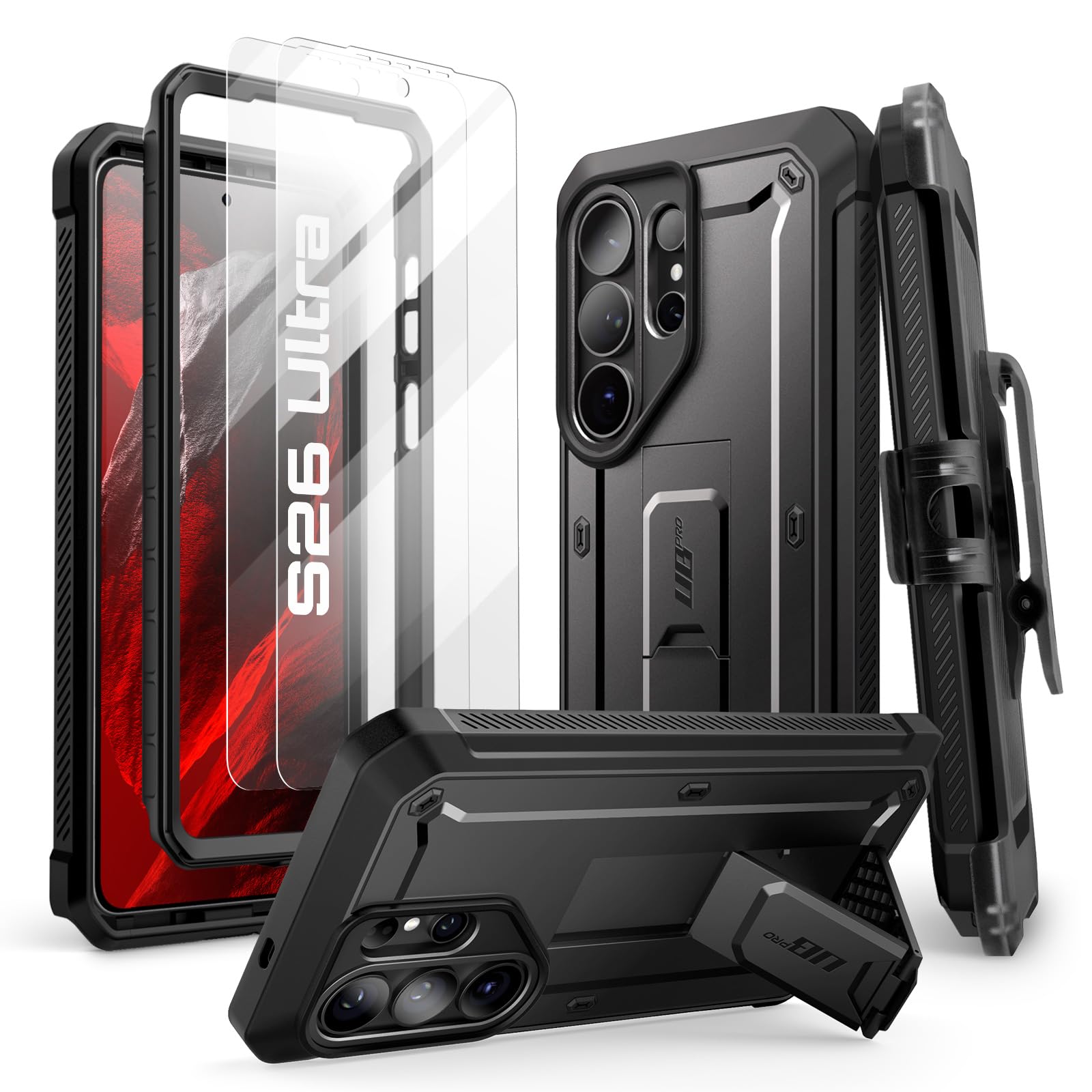 SUPCASE für Samsung Galaxy S26 Ultra Hülle Outdoor Handyhülle, Schwarz | Bumper Case mit 2 Vorderseite (ohne Displayschutz + mit Displayschutz) Cover mit Gürtelclip und Ständer [UBPro] für S26 Ultra