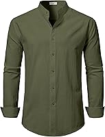 DELCARINO Men's Linen Band Collar Hawaiian Shirt Long Sleeve Breathable Cotton-Linen Casual Beach Button-Down