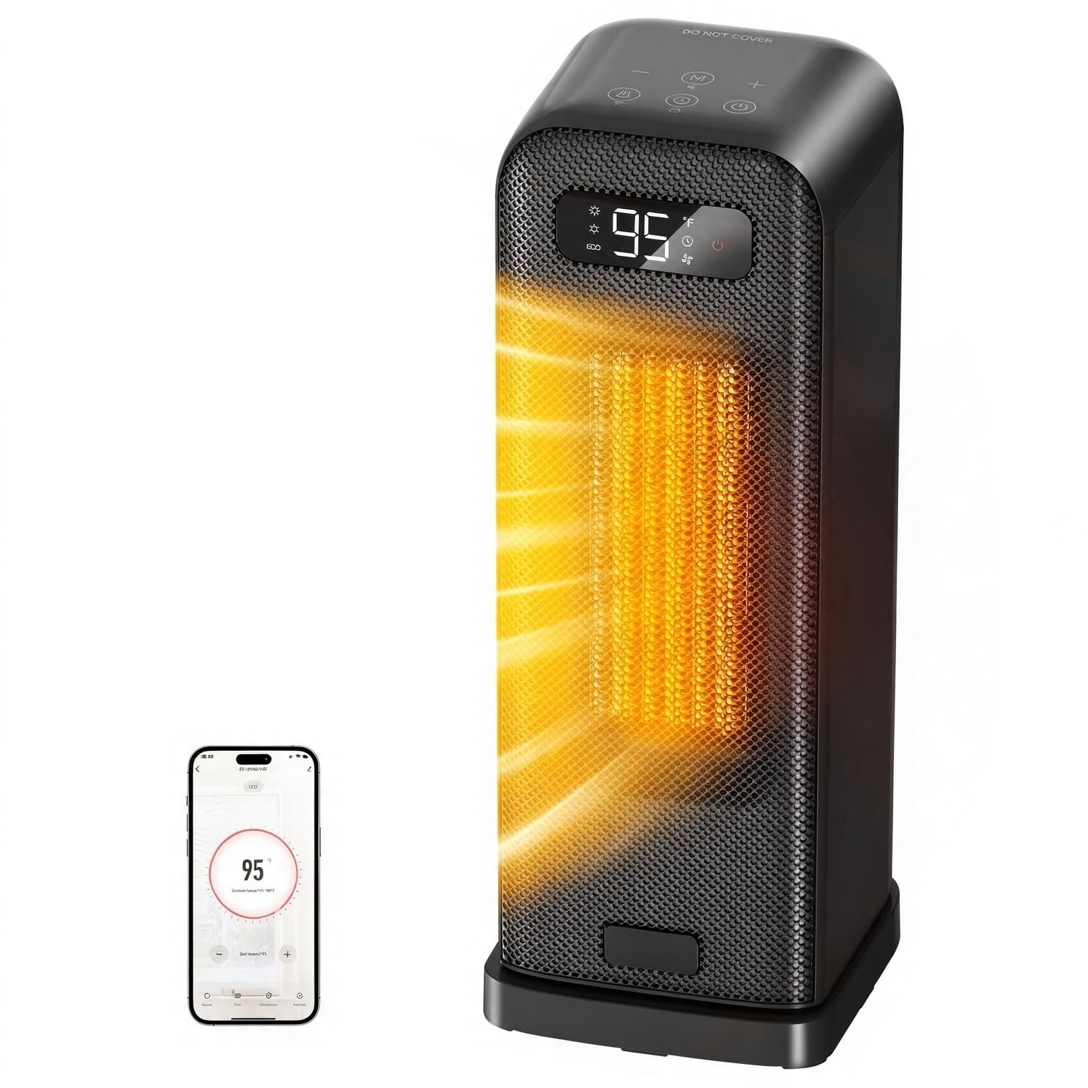 15.5 Inch Portable Heater for Office Bedroom , App and Voice Control, ECO Thermostat, 36dB Quiet, 70° Oscillation, 12H Timer FLANUR Space Heater for Indoor Use, 1500W Smart Electric Heater, Black