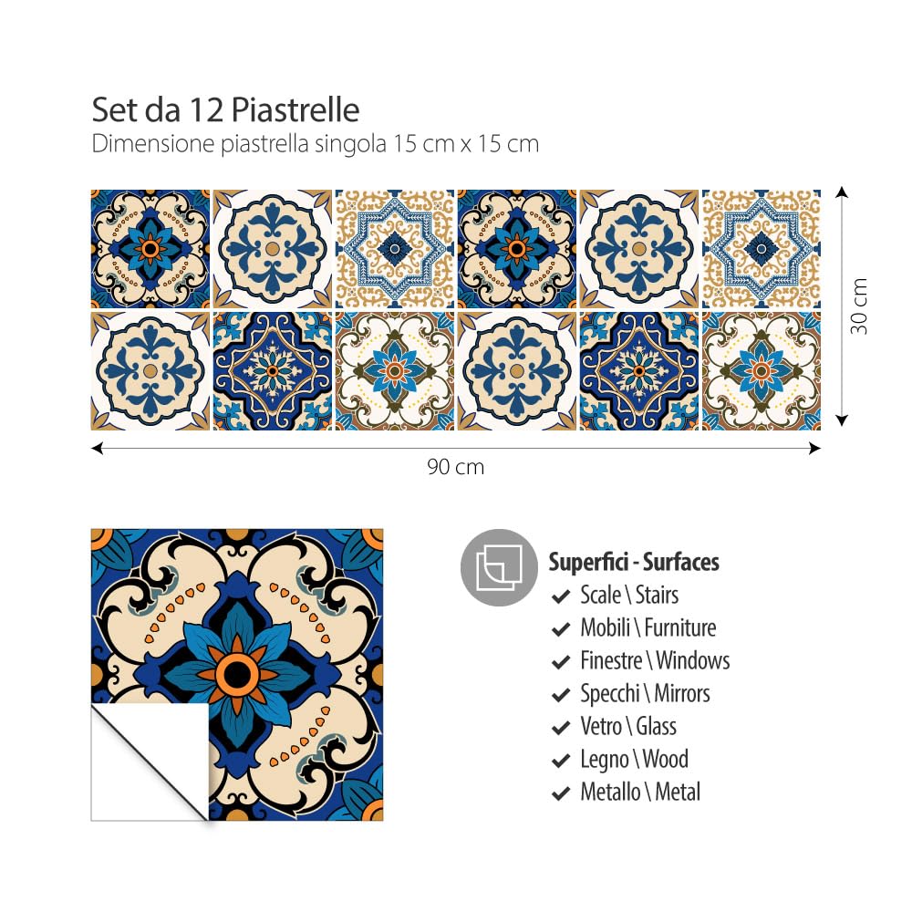 RE-COVERTILES - Adesivi per Piastrelle Bagno e Cucina 12 Pz 15x15 cm - PS00029 Decorazione murale in PVC impermeabile mattonelle mosaico stile cementine Azulejos
