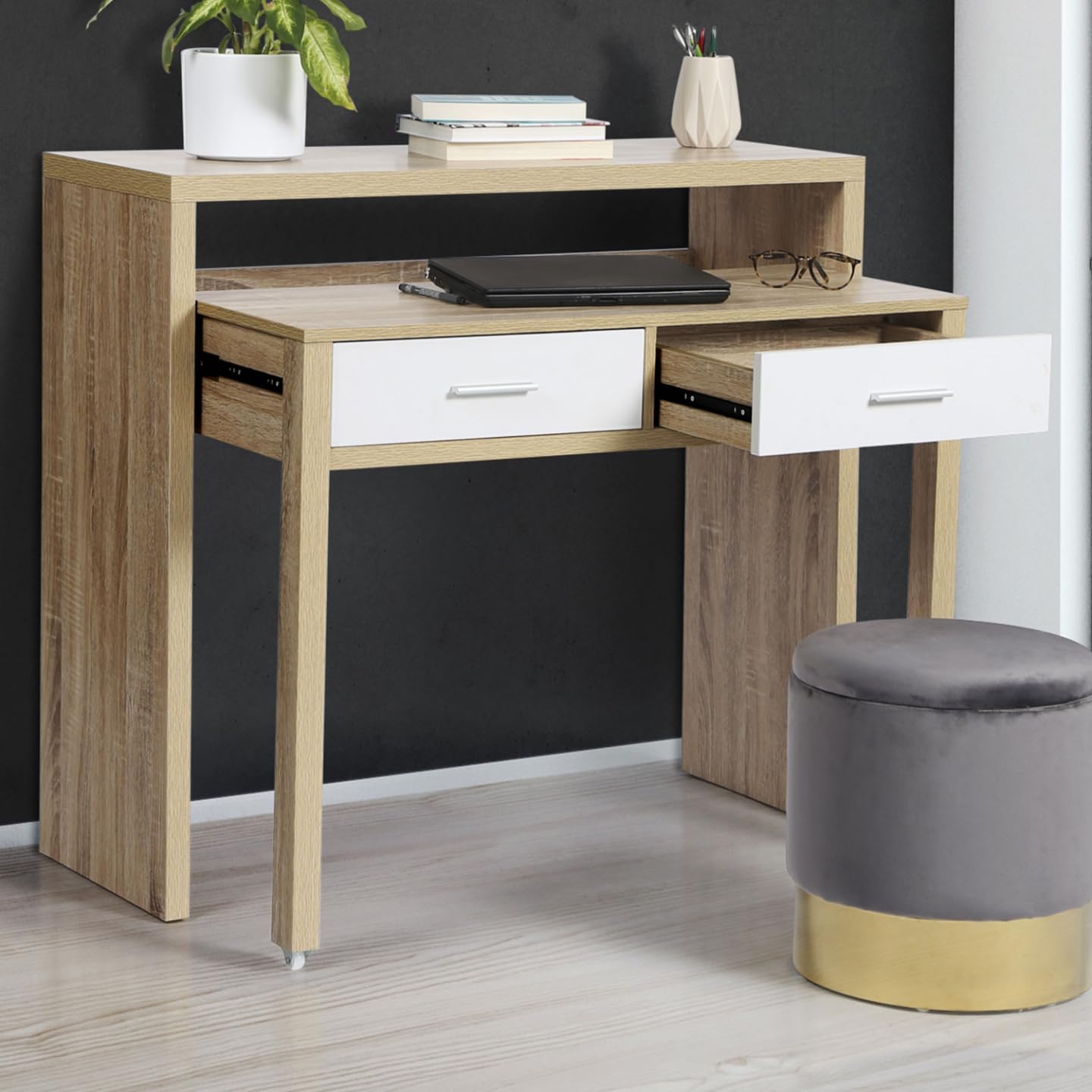 IDMarket - Bureau Extensible Max façon hêtre et Blanc