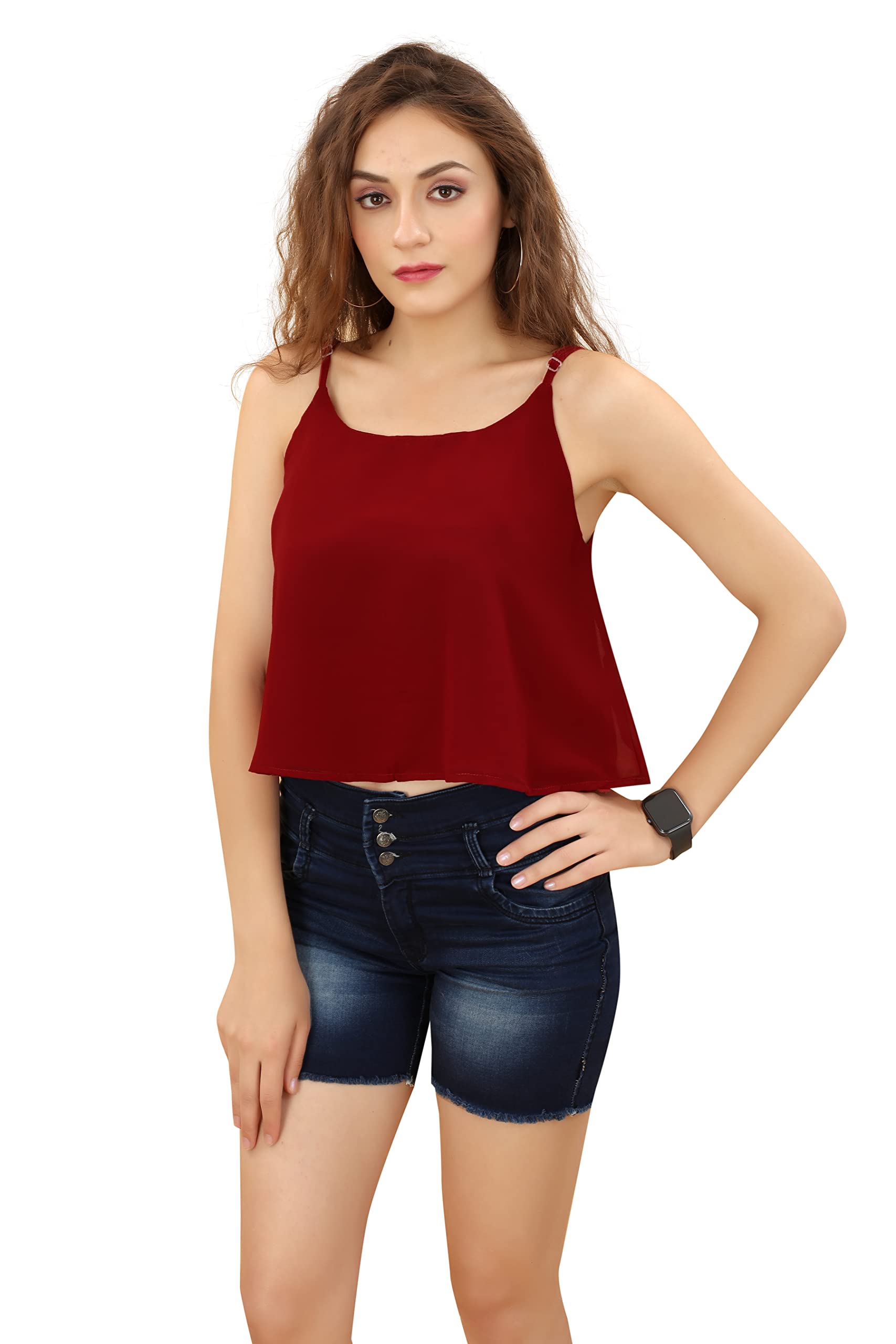 Star HomesWomen's Solid Offshoulder Indo-Westernd Sleeveless Georgette Crop Top (Red) Size:-Medium