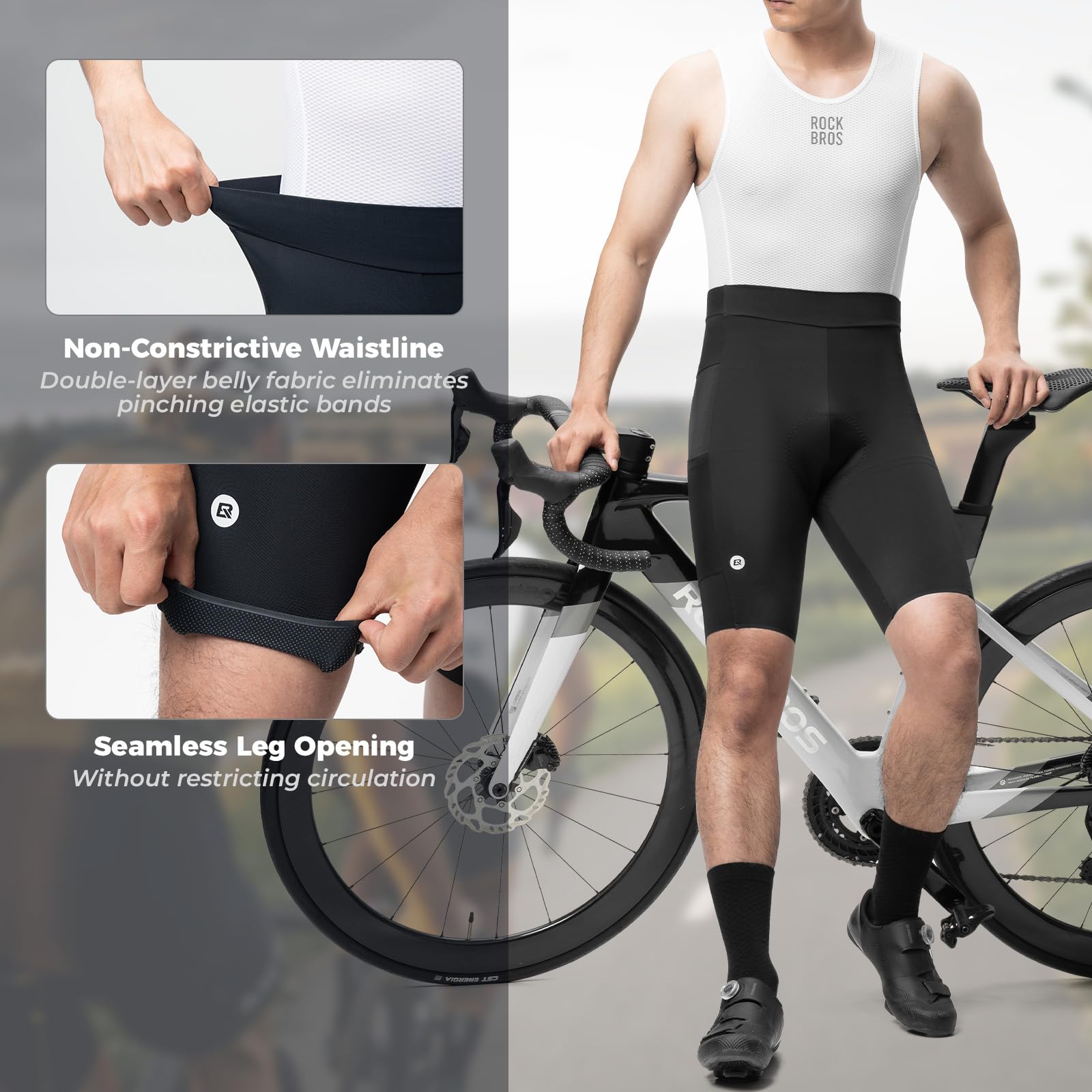 ROCKBROS Pantaloncini da Ciclismo MTB Uomo, Pantaloni Bici con Imbottitura 3D Traspirante Asciugatura Rapida Antiscivolo Elastico, con Tasche Laterale, Shorts per Mountain Bike Ciclismo da Corsa